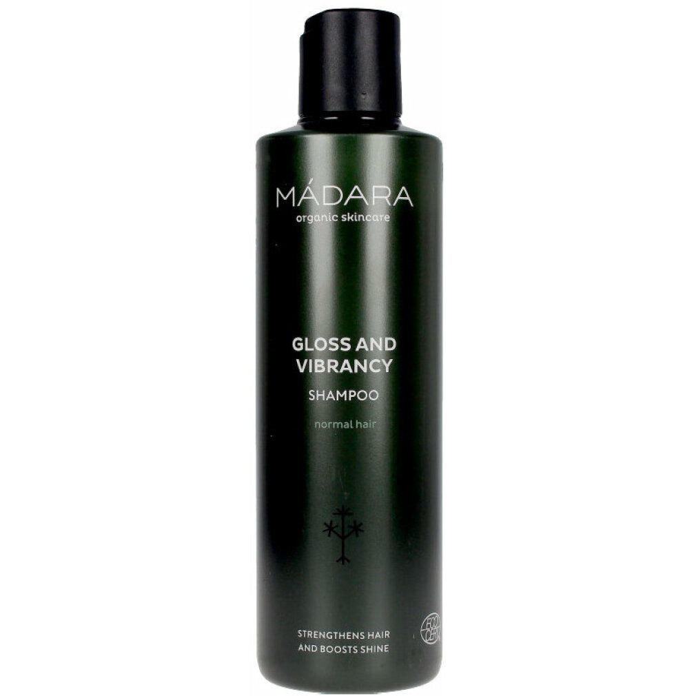 Grüne Shampoo-Flasche mit schwarzem Deckel. Aufschrift: MÁDARA, Gloss and Vibrancy Shampoo, für normales Haar. Mit Logo.