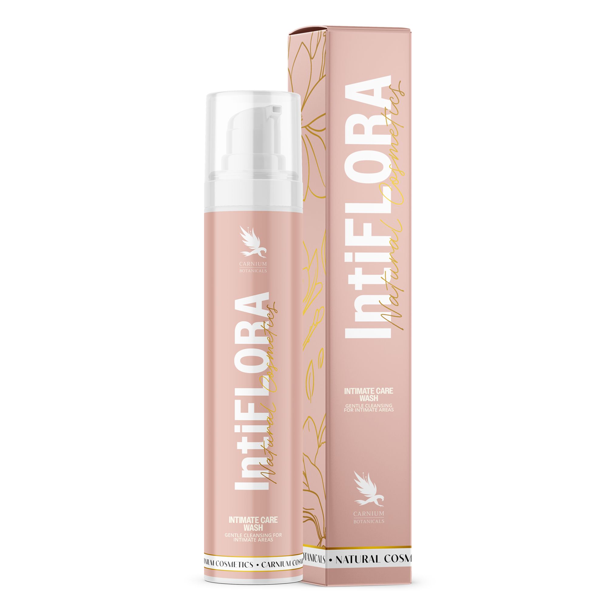 IntiFLORA Intimate Care Wash Flasche und Verpackung. Rosa Flasche mit Spenderpumpe und passender Kartonverpackung mit floralem Design.