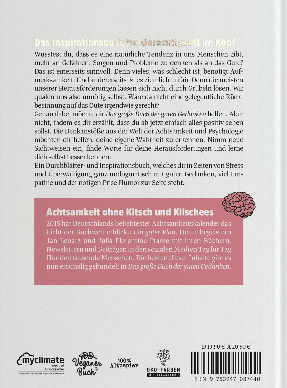 Buchrücken mit Titel "Das große Buch der guten Gedanken". Text in Gold. Spiegel Bestseller-Siegel. Autoren: Jan Lenarz, Julia Florentine Prasse.