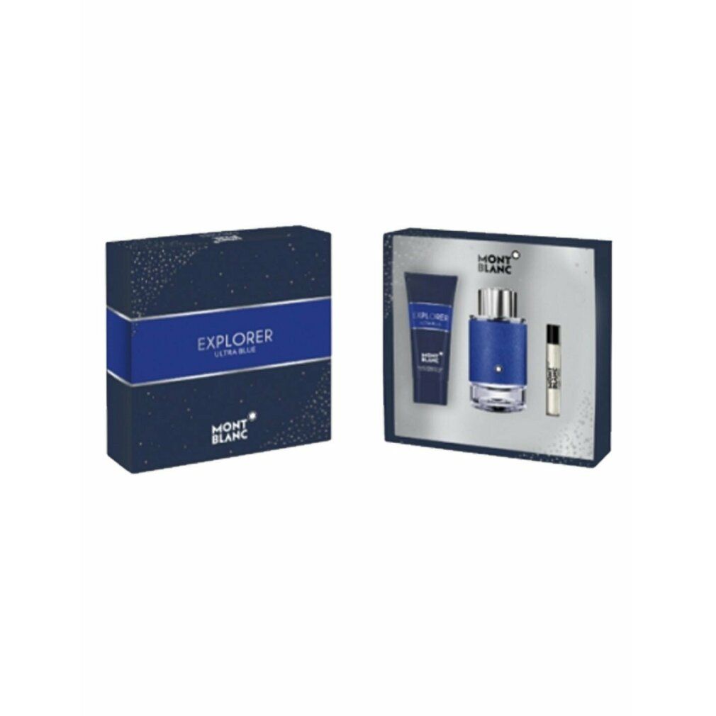 Geschenkset mit blauer Verpackung, geöffnet. Enthält Eau de Parfum, Duschgel und Probe. Markenname und Produktname sichtbar.