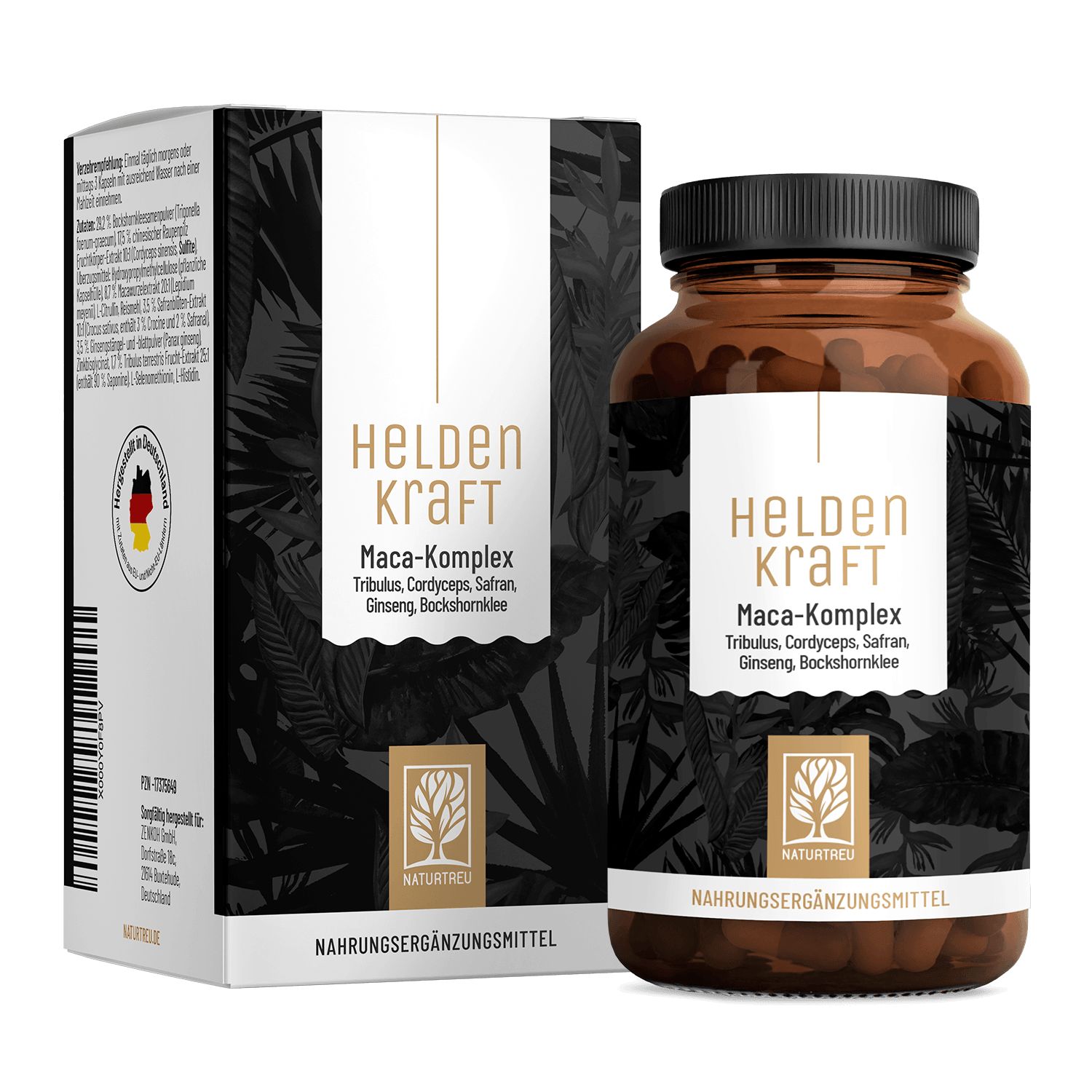 Maca-Komplex Kapseln in Braunglasflasche und Kartonverpackung mit Blattmuster.