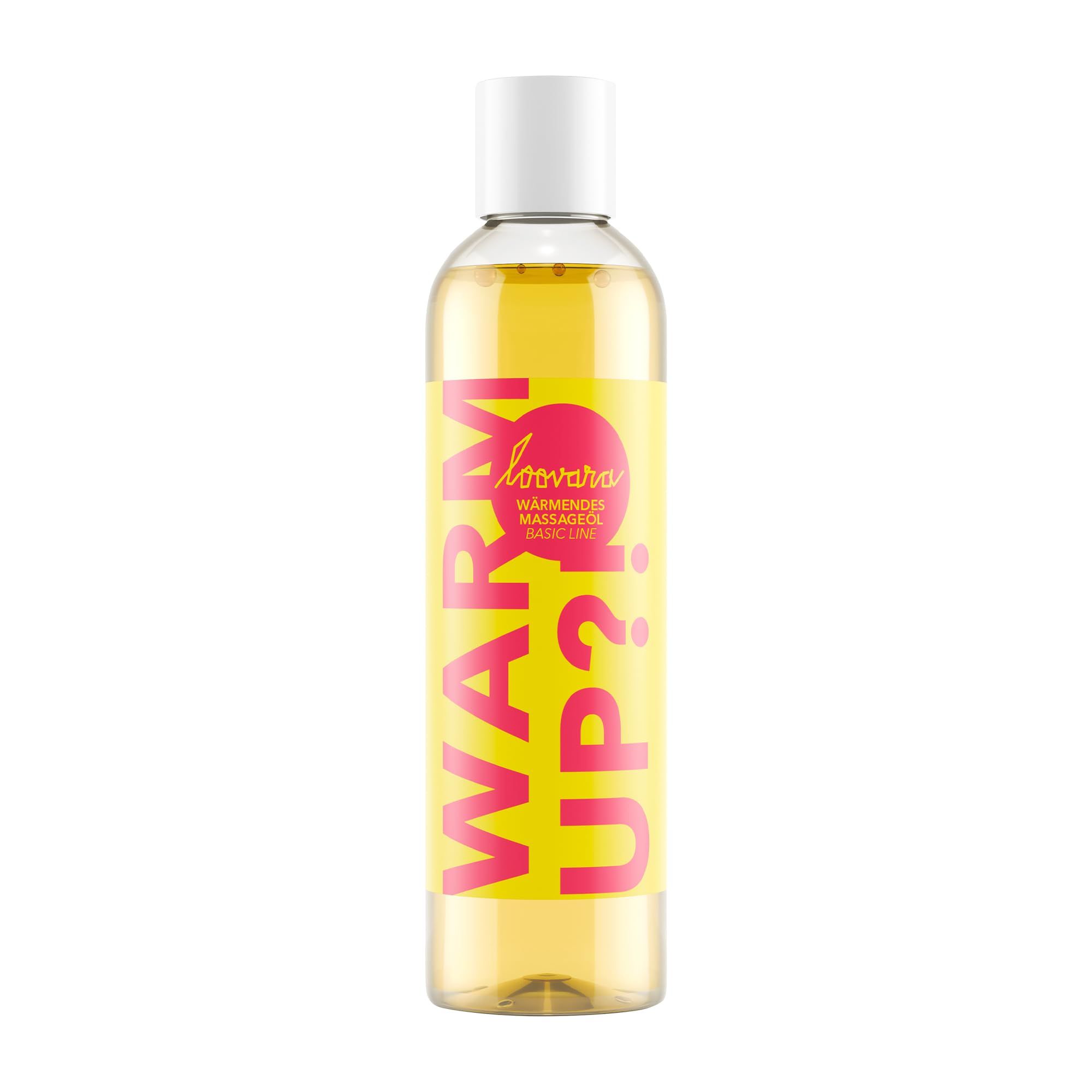 Flasche mit gelbem Massageöl und Aufschrift "WARM UP?!".