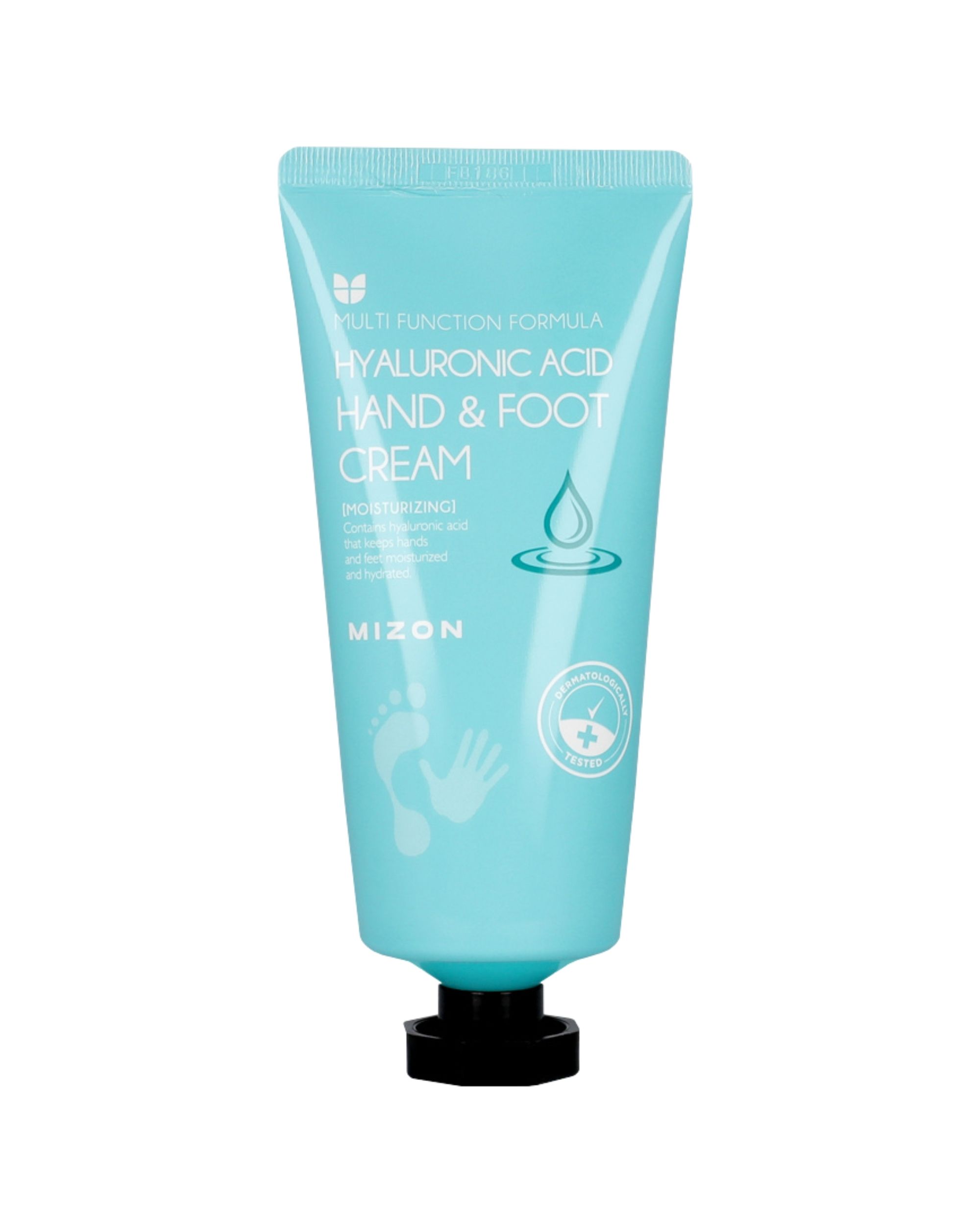 Türkisblaue Tube mit schwarzem Deckel. Aufschrift: Hyaluronsäure Hand & Fuß Creme. Marke: MIZON. Dermatologisch getestet.