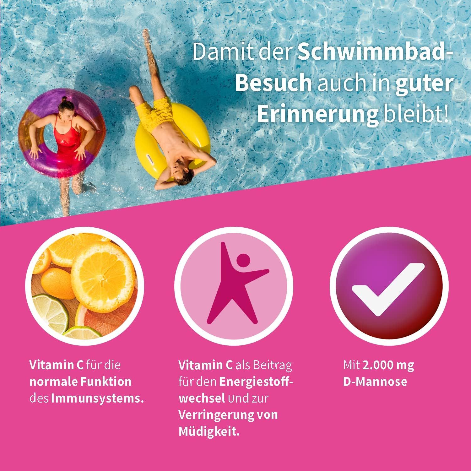 Werbebild mit Personen im Pool. Illustrationen von Vitamin C, Energie, und D-Mannose. Text: Schwimmbad-Besuch.