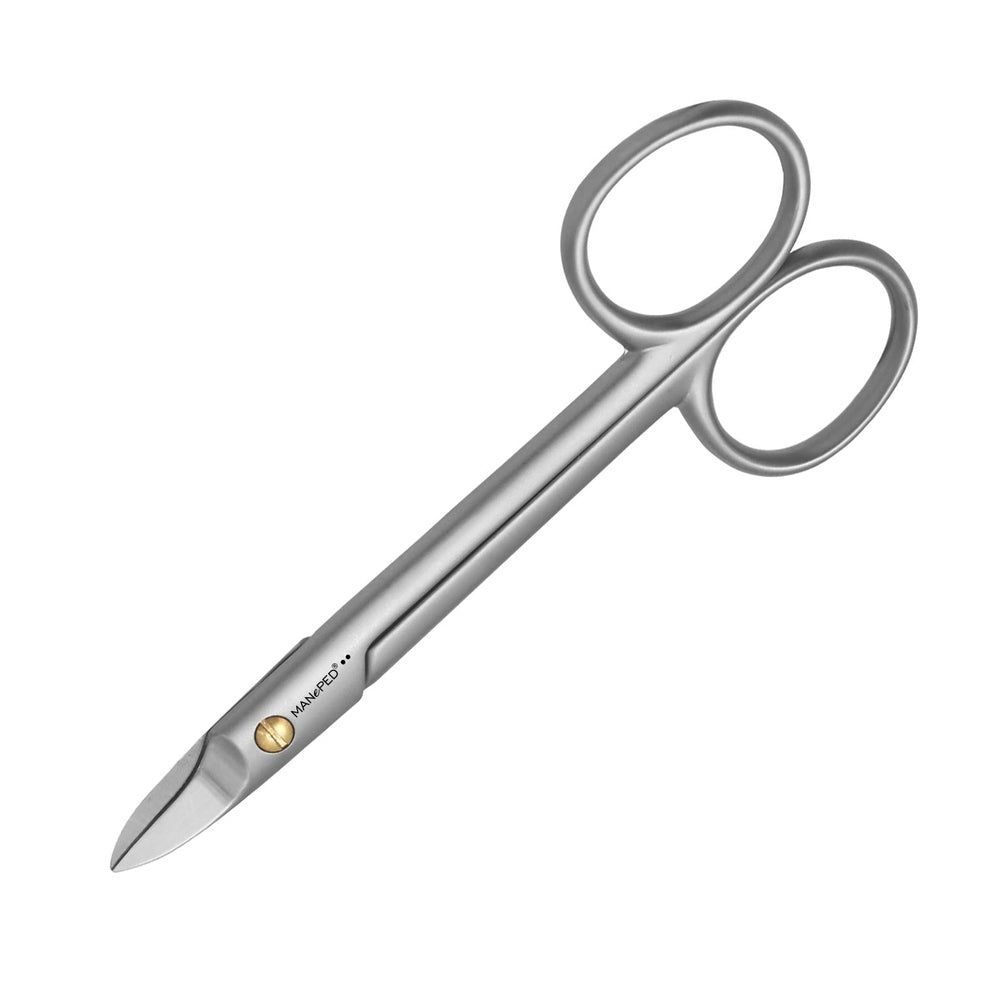 Nagelschere aus Metall. Mit zwei Griffringen und gebogener Schneide. Marke MANePed.