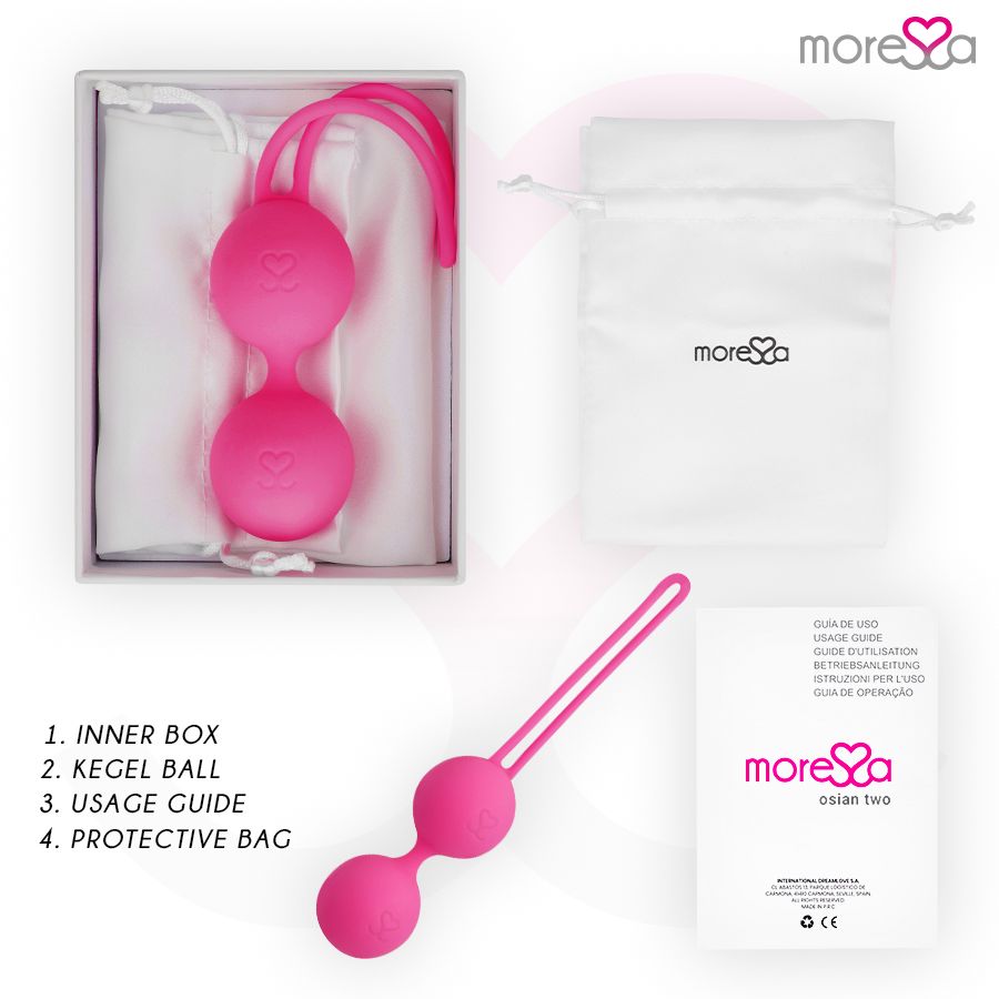 Produkt in einer Box, mit Beutel und Anleitung. Kugeln mit Schlaufe. Beschriftung: INNER BOX, KEGEL BALL, USAGE GUIDE, PROTECTIVE BAG.