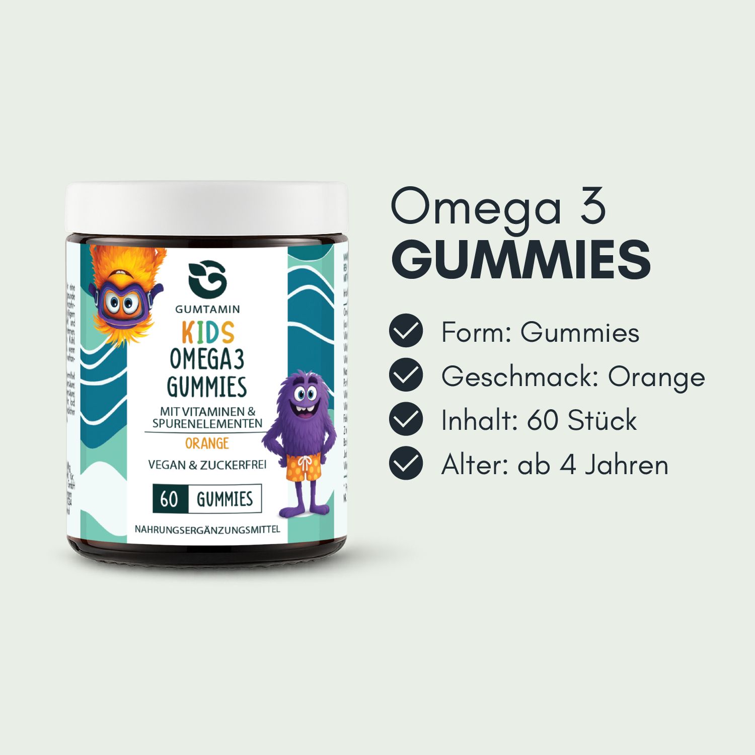 Dose mit Omega 3 Gummibärchen für Kinder. Aufschrift: Gumtamin Kids Omega 3 Gummies, Orange, 60 Stück, ab 4 Jahren. Mit Illustrationen.