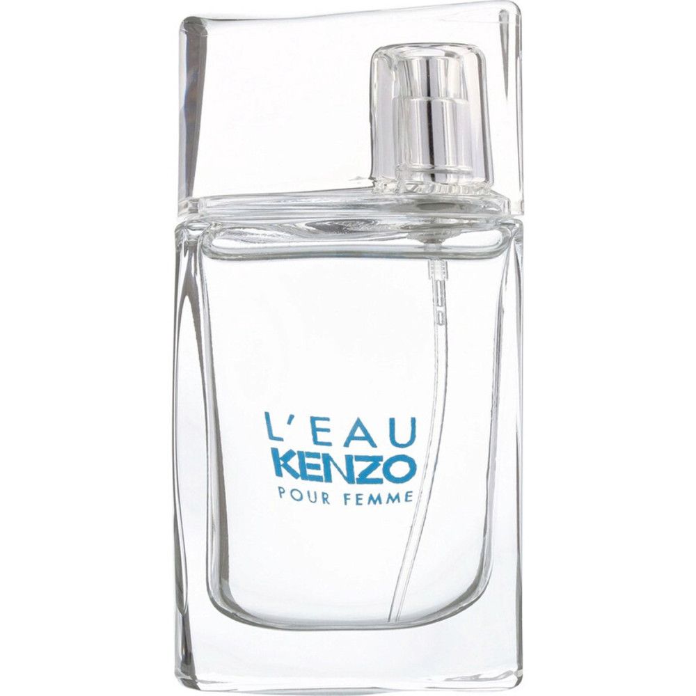 Glasflakon mit Sprühkopf. Aufschrift: L'EAU KENZO POUR FEMME. Klarer, rechteckiger Flakon mit transparentem Verschluss.