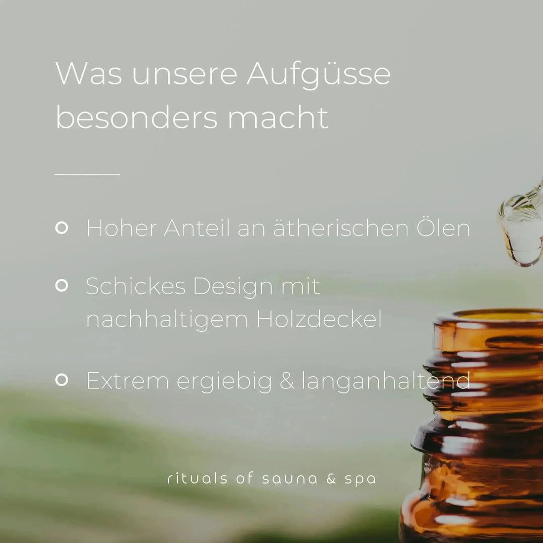 Braune Flasche mit Tropfen. Text: Hoher Anteil an ätherischen Ölen. Schickes Design mit nachhaltigem Holzdeckel. Extrem ergiebig & langanhaltend.