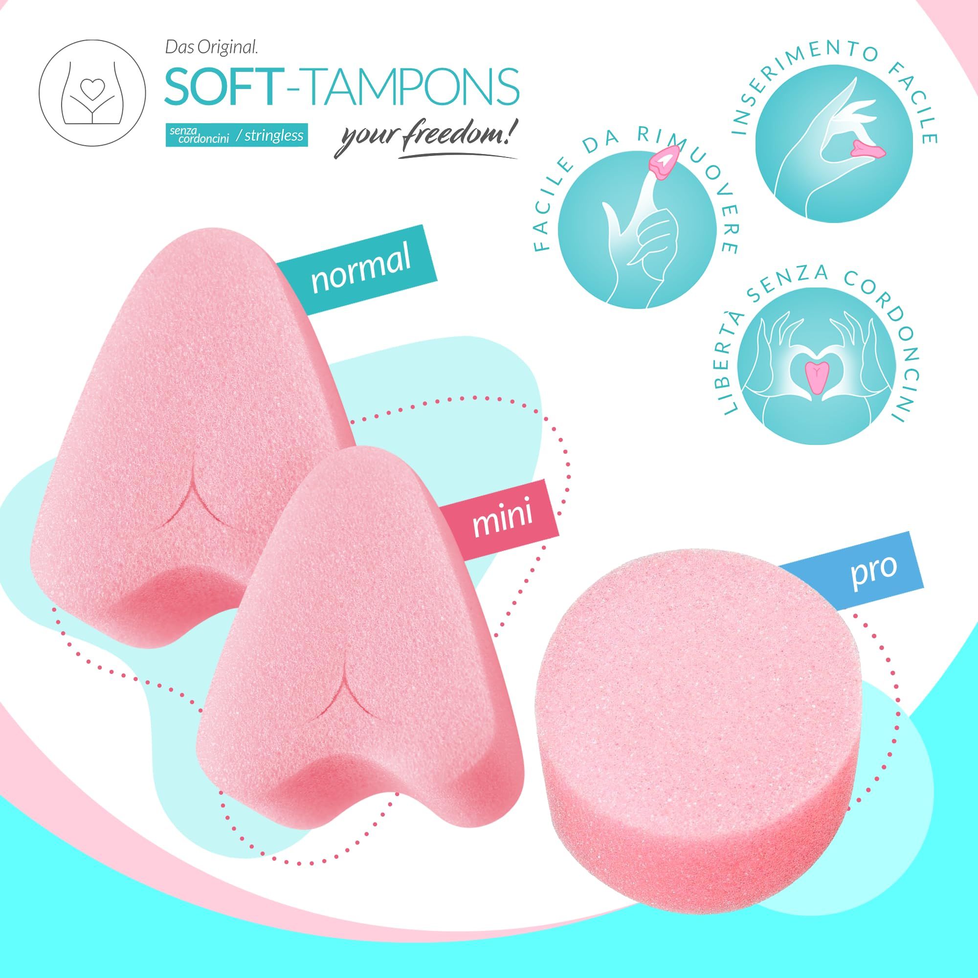 Drei Soft Tampons: normal, mini, pro. Rosa, herzförmig und rund. Einfache Anwendung.