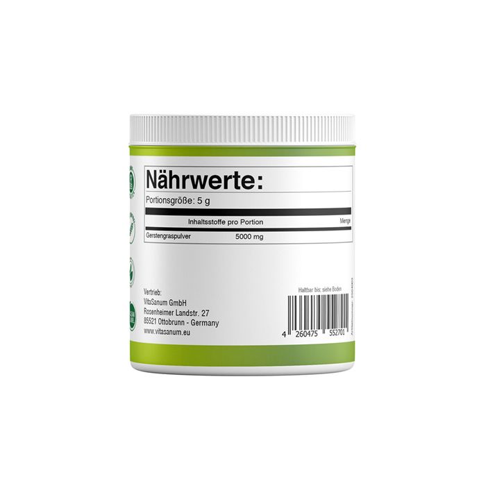 Rückseite des Behälters. Aufschrift: Nährwerte: Portionsgröße 5 g. Gerstengraspulver 5000 mg. Herstellerinformationen und Barcode.