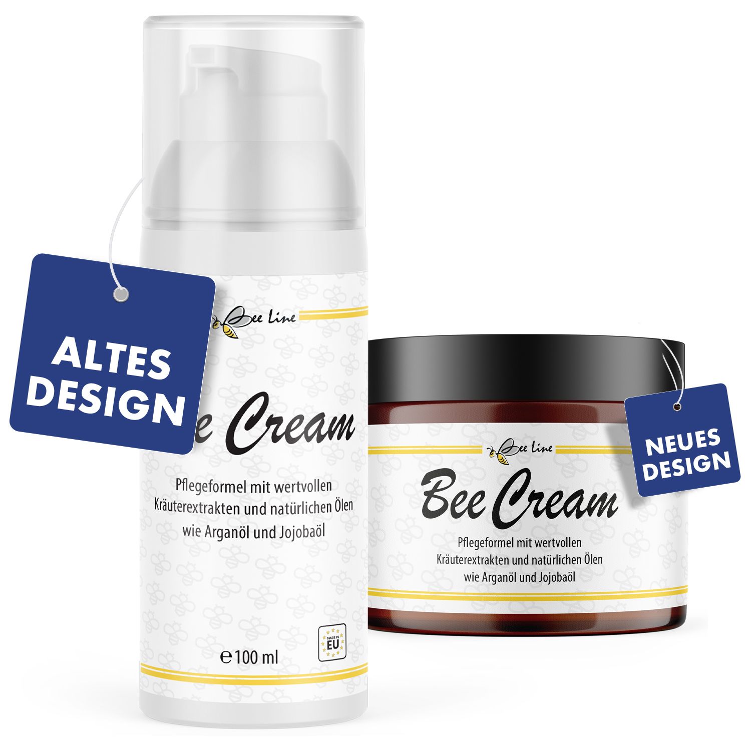 Zwei Behälter Bee Cream. Links: Pumpflasche, „Altes Design“. Rechts: Tiegel, „Neues Design“. Beide mit Text und Logo.