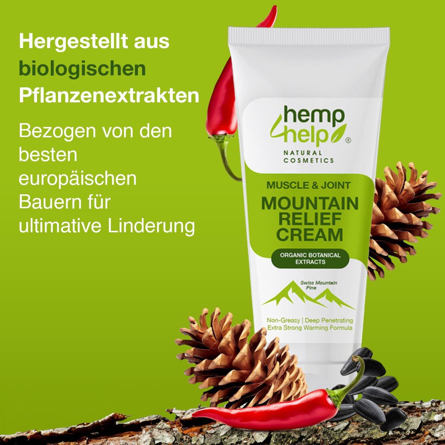 Tube mit Produktname, umgeben von Kiefernzapfen, Chili und Blättern. Text: Hergestellt aus biologischen Pflanzenextrakten.