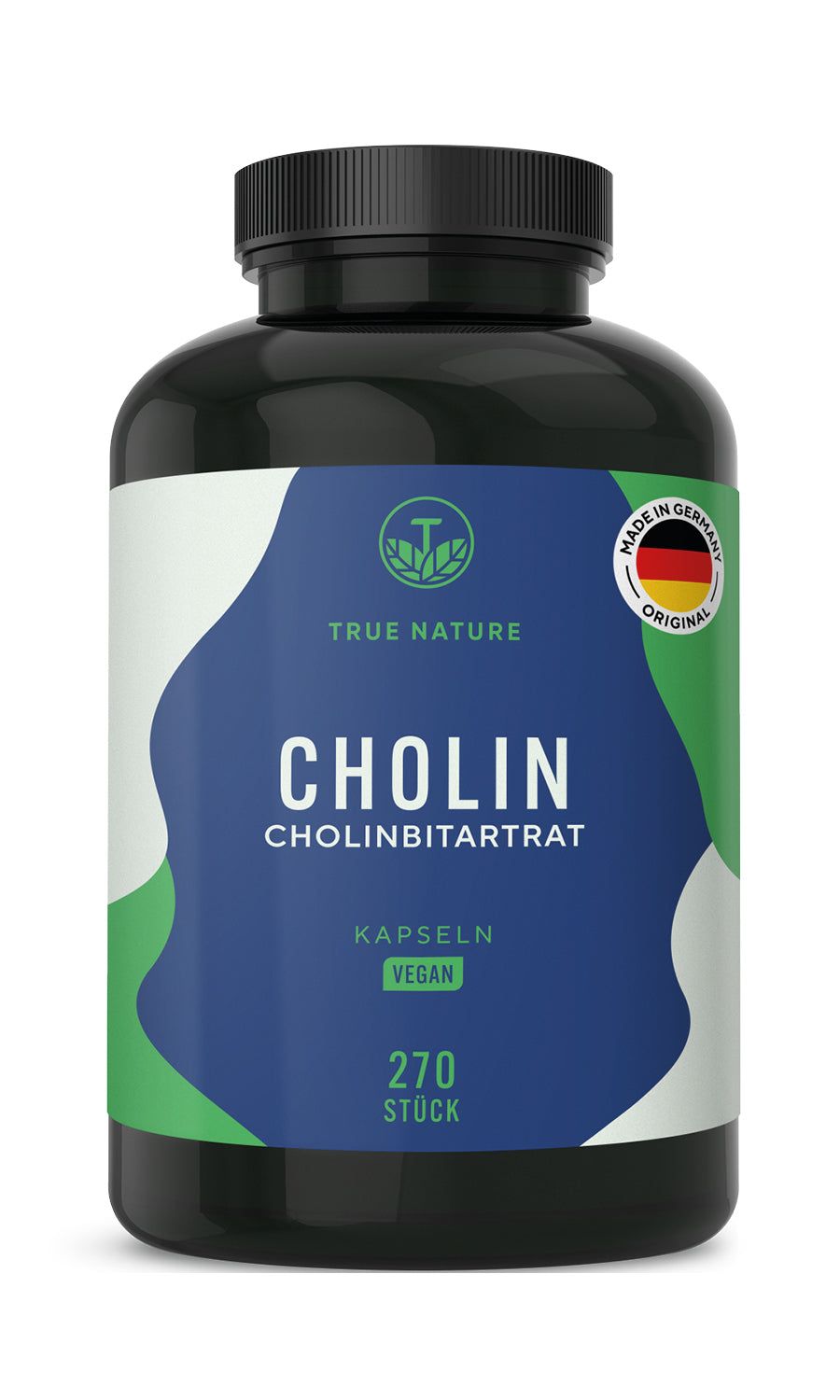 Schwarze Flasche mit blauer und grüner Etikett. Aufschrift: CHOLIN, Kapseln, Vegan, 270 Stück. Logo: TRUE NATURE.