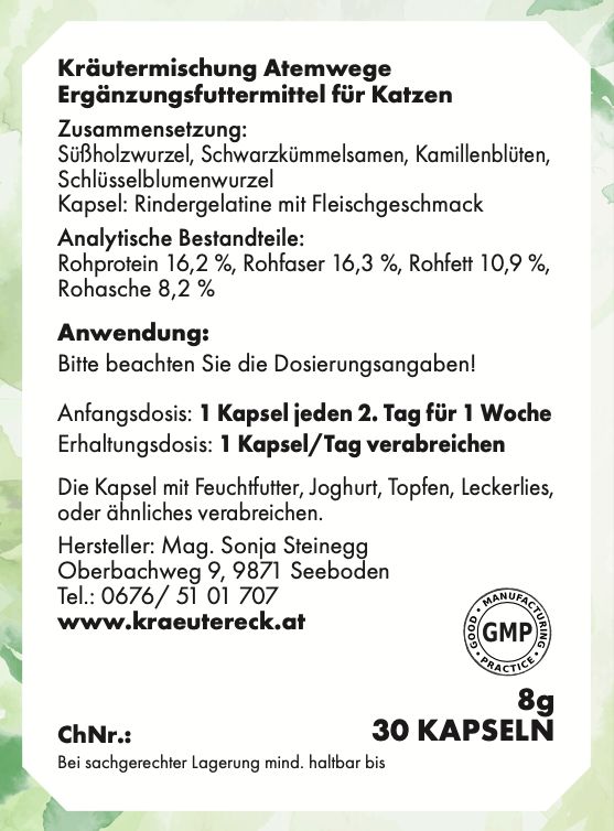Etikett mit Produktinformationen: Kräutermischung Atemwege, Ergänzungsfuttermittel für Katzen, Inhaltsstoffe, Dosierung, Hersteller.
