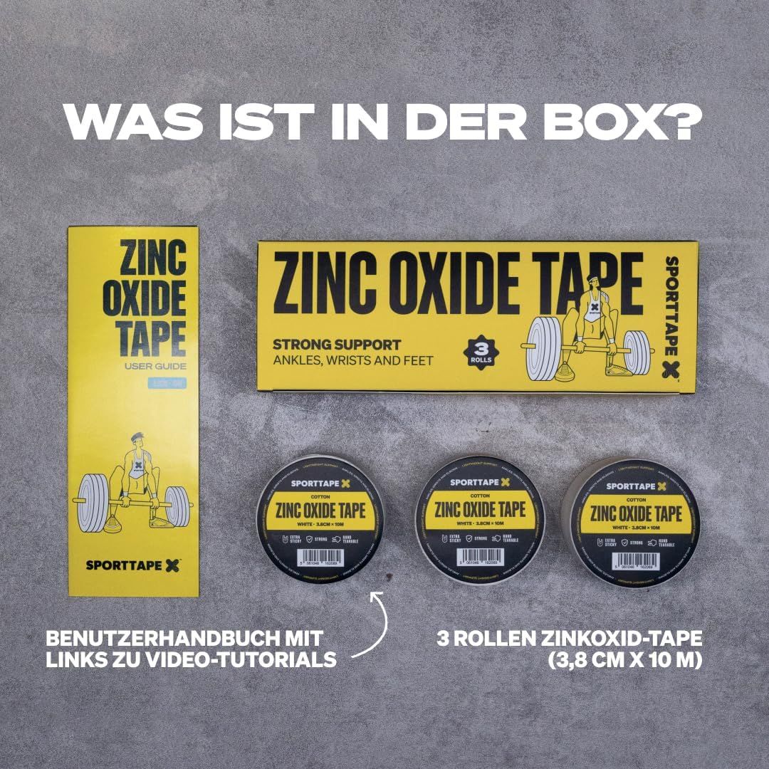 Verpackungsinhalt: Eine Box, eine Anleitung und drei Rollen weißes Zinkoxid-Sporttape.