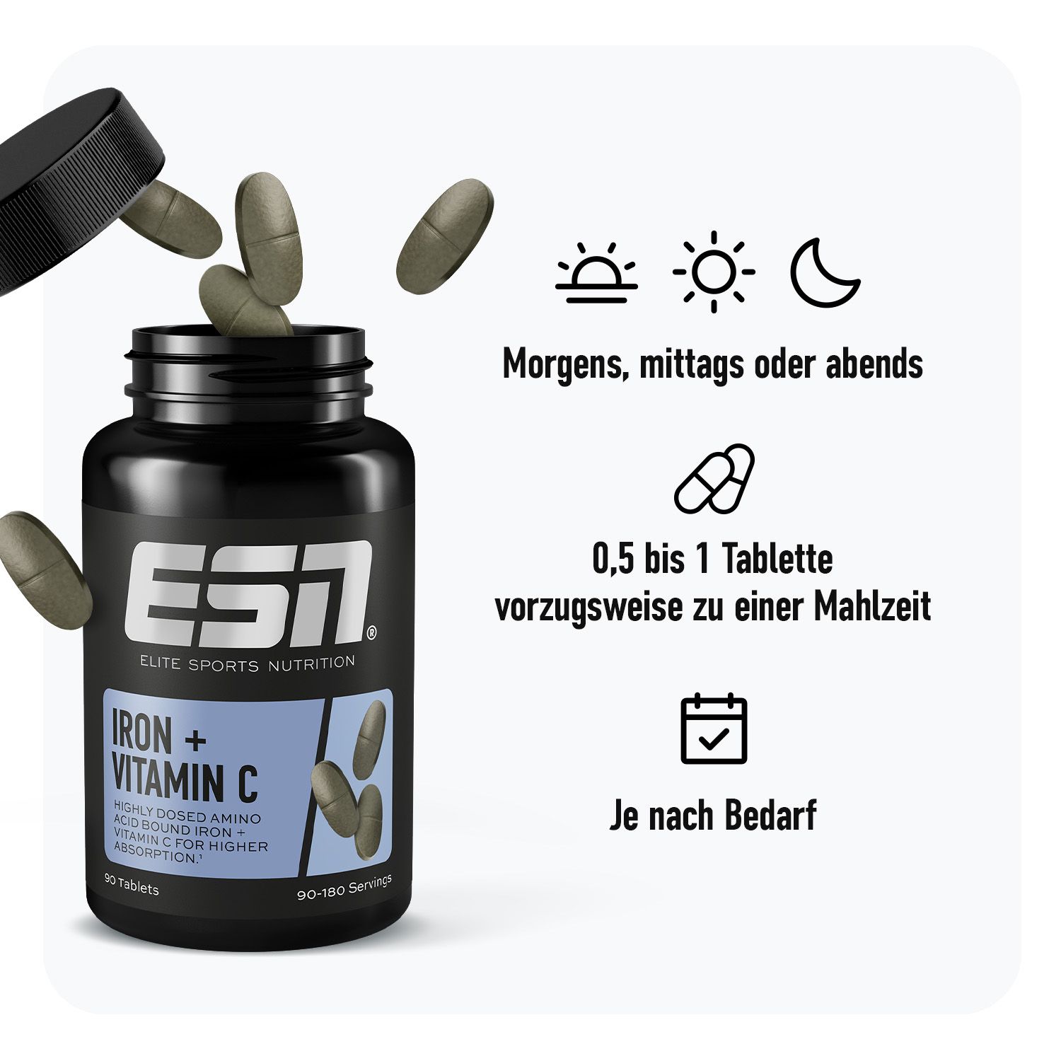 ESN-Flasche mit "Eisen + Vitamin C". Tabletten fallen heraus. Text: Morgens, mittags oder abends. 0,5-1 Tablette.