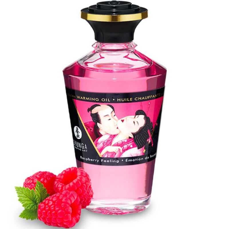 Rosa Flasche mit schwarzem Deckel. Etikett mit Illustration und Text: Heizöl, Himbeergefühl, Shunga.