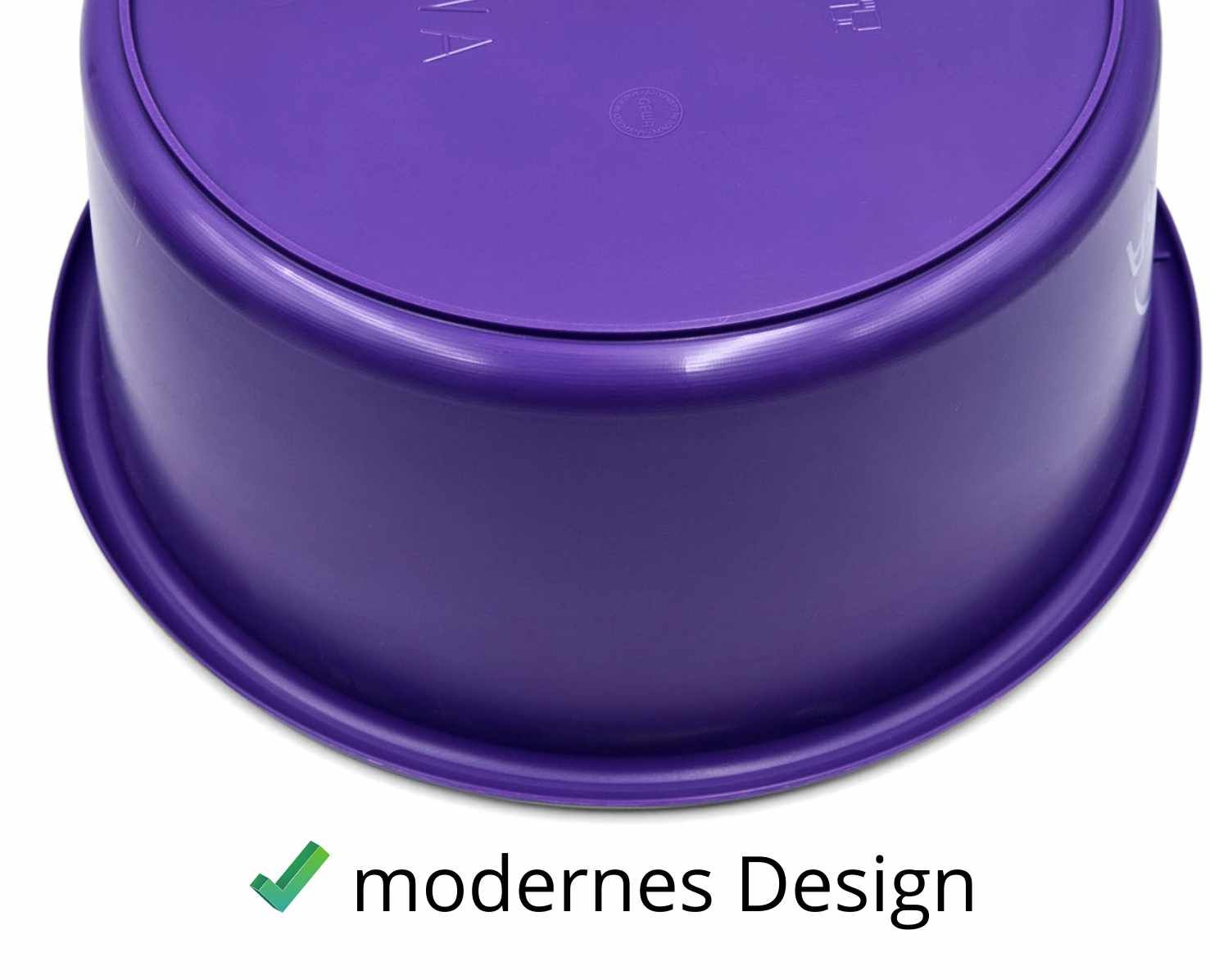 Violette Futterschale ohne Deckel. Runde Form, erhöhter Rand. Text: modernes Design.