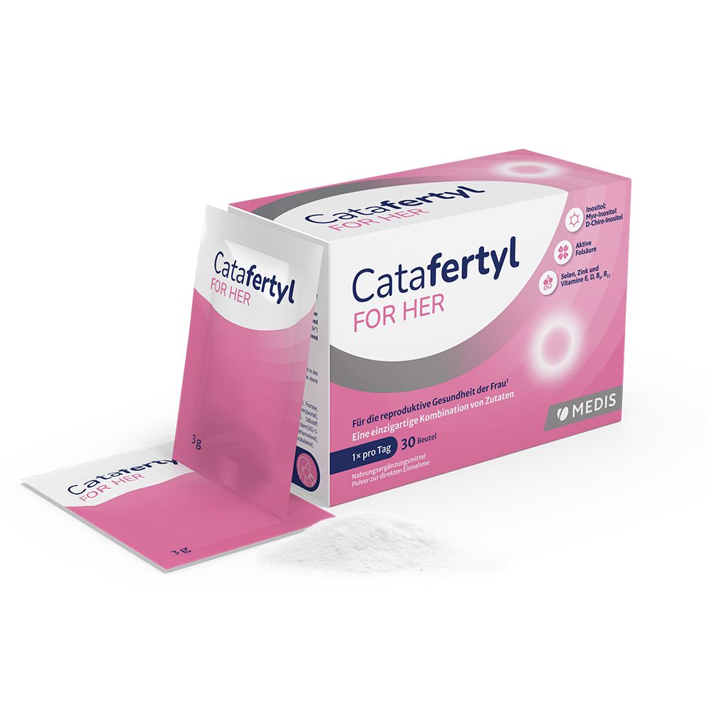 Rosa Verpackung von CATAFERTYL FOR HER. Eine geöffnete Einzelportion und Pulver daneben. Aufdrucke: Marke, Inhaltsstoffe, 30 Beutel.
