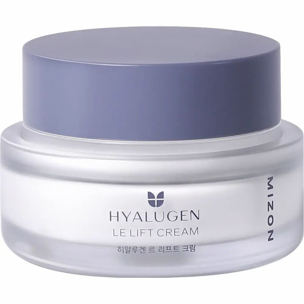 Creme-Tiegel mit blauem Deckel. Aufschrift: HYALUGEN LE LIFT CREAM, MIZON. Koreanische Schriftzeichen.