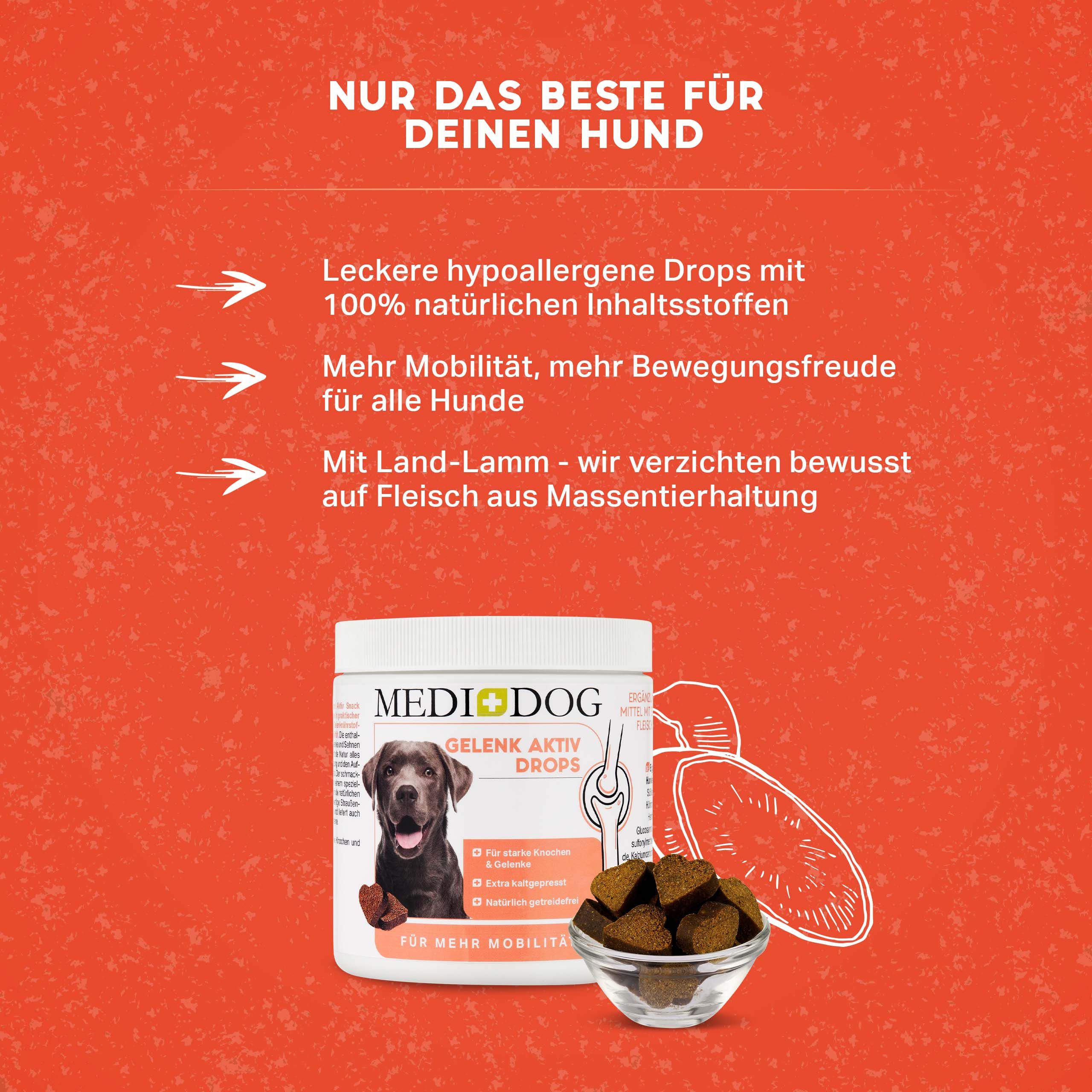Weißer MEDIDOG Gelenk Aktiv Drops Behälter. Daneben eine Schale mit Drops. Text: Mehr Mobilität, mehr Bewegungsfreude für alle Hunde.