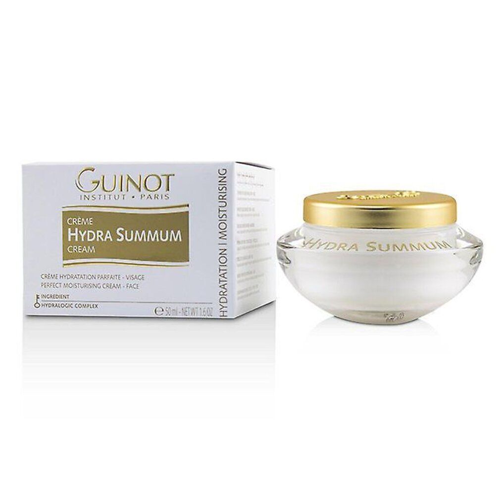 Creme-Behälter und Schachtel. Auf der Schachtel steht "GUINOT". Auf dem Behälter steht "HYDRA SUMMUM".