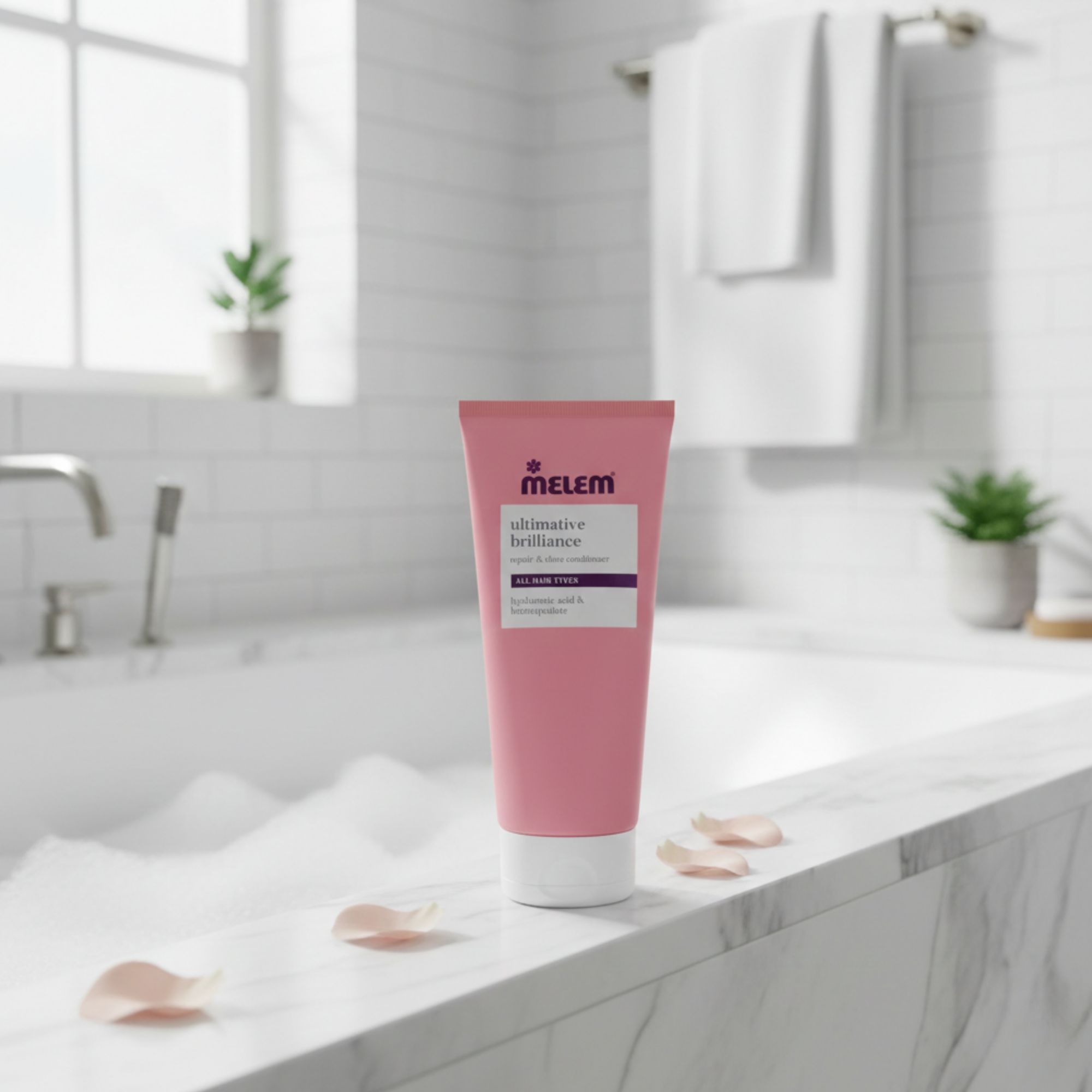 Rosa Tube auf Badewannenrand. Aufschrift: Melem, ultimative Brilliance, Repair & Shine Conditioner. Für alle Haartypen. Rosenblätter.