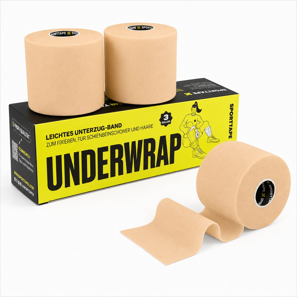 Drei Rollen beige Schaumstoff-Unterverband, 7 cm x 27 m, in Produktverpackung.