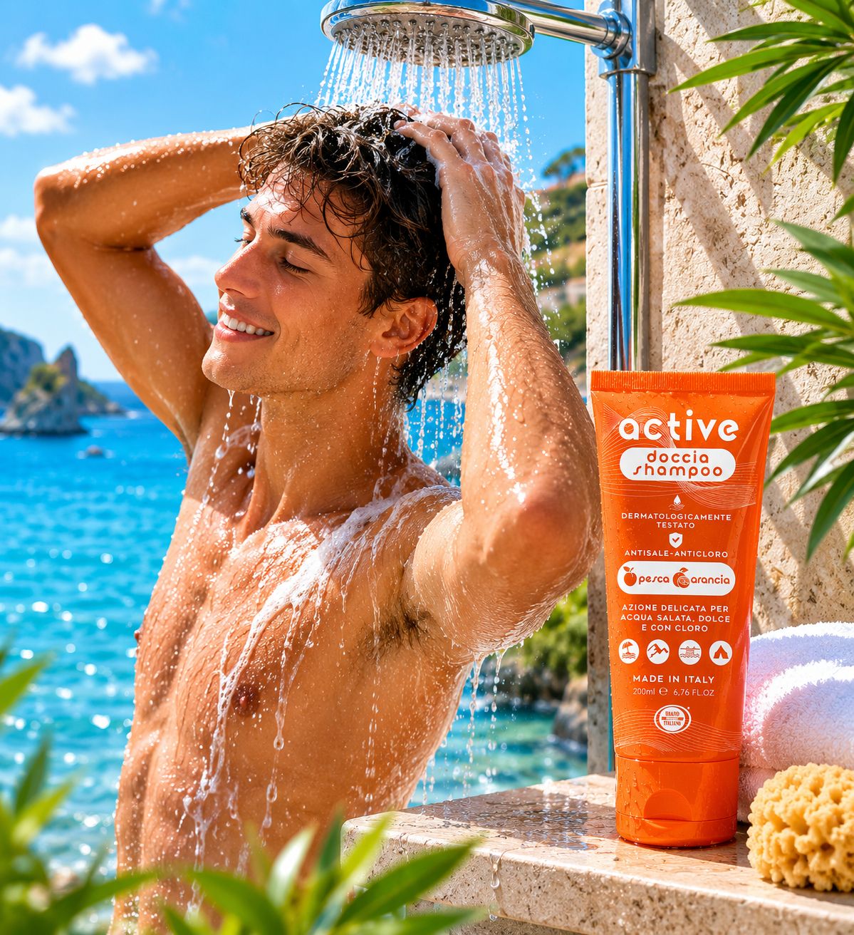 Orange Tube mit "active doccia shampoo" Aufschrift, 250ml.
