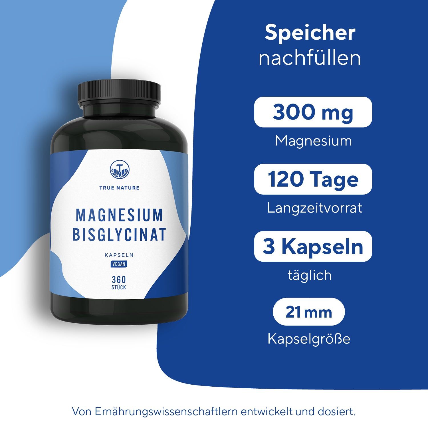 Dunkle Flasche mit blauem Etikett. Aufschrift: Magnesium Bisglycinat, Kapseln, Vegan, 360 Stück. Angaben: 300 mg Magnesium, 120 Tage Vorrat.