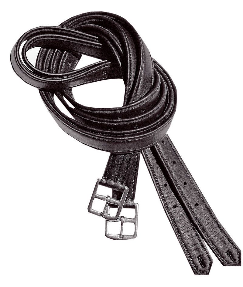 Schwarze Steigbügelriemen, Leder, mit Schnallen. Auf weißem Hintergrund.