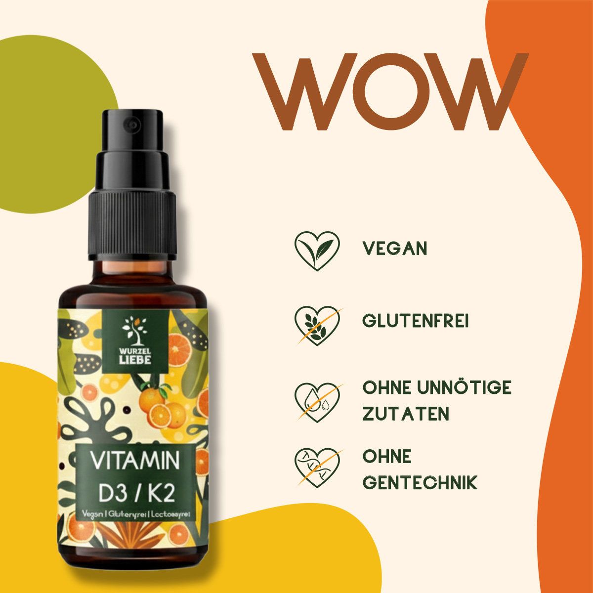 Braune Sprühflasche mit Produktaufdruck. Text: Vitamin D3/K2. Logos: Vegan, Glutenfrei, Ohne unnötige Zutaten, Ohne Gentechnik.