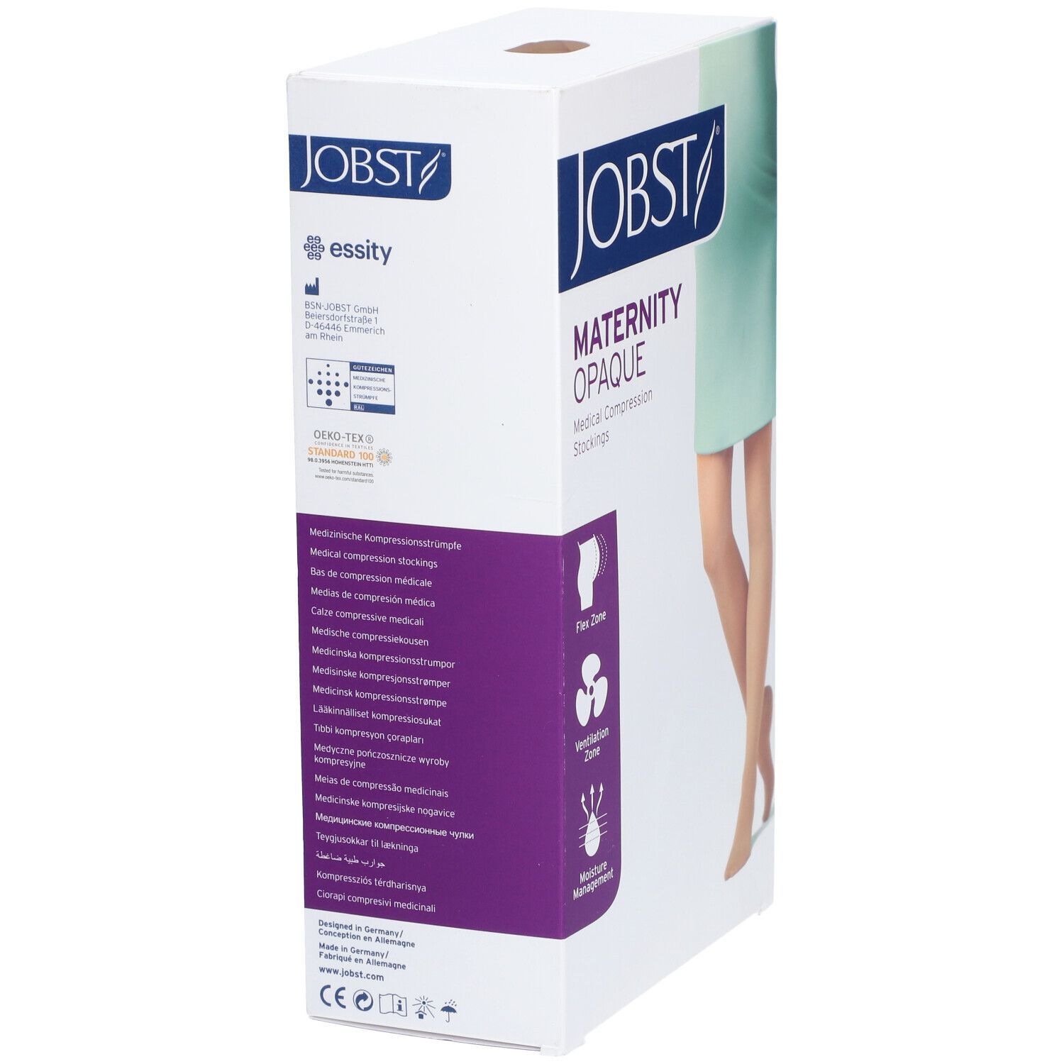 Verpackung der JOBST Maternity Opaque Kompressions-Strumpfhose. Text in mehreren Sprachen. Flex Zone, Ventilation Zone und Moisture Management.