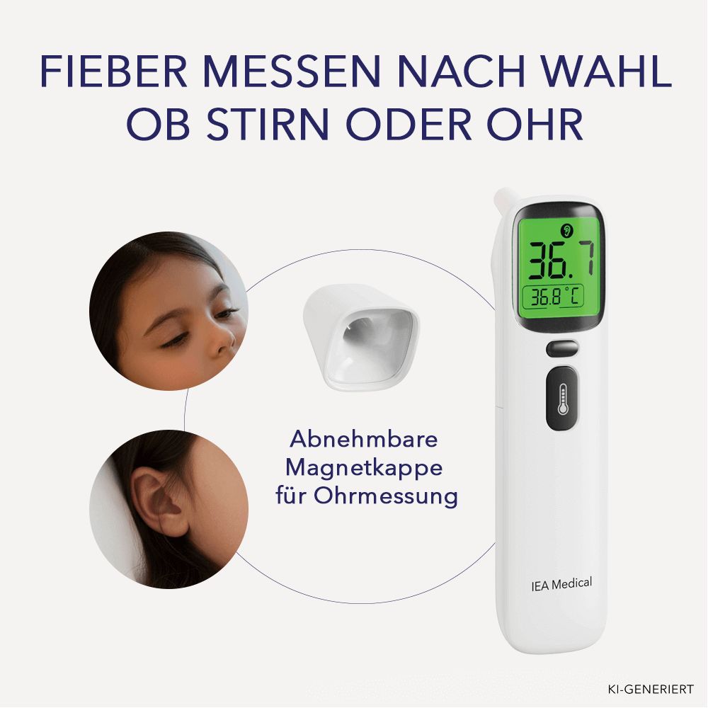 Digitales Fieberthermometer mit abnehmbarer Kappe für Ohr- oder Stirnmessung, daneben zwei Kinderporträts.