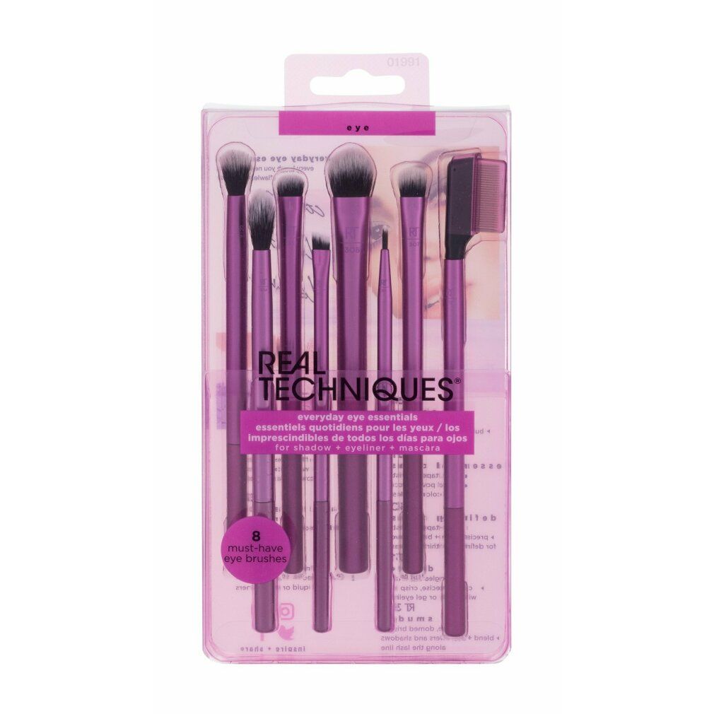 Set mit 8 Augenpinseln in Verpackung. Marke REAL TECHNIQUES. Text: everyday eye essentials.