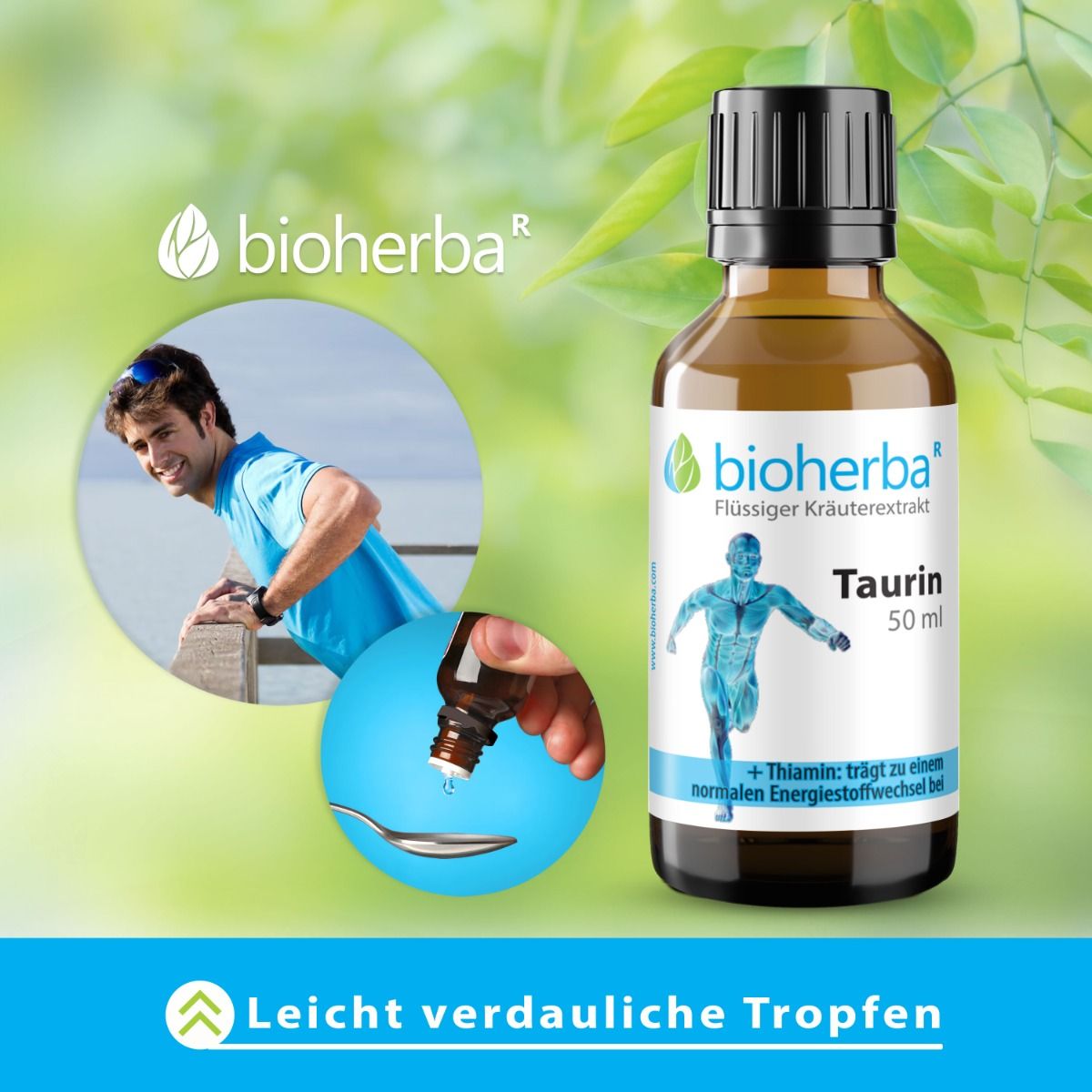 Braune Flasche mit schwarzem Deckel. Mann gießt Tropfen in Löffel. Text: Leicht verdauliche Tropfen. Logo Bioherba.
