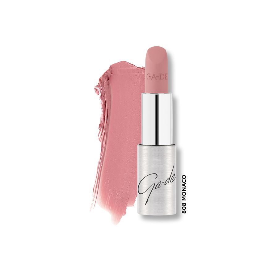 Ga-De Selfie Soft Matte Lipstick, Farbton 808 Monaco, mit silbernem Gehäuse und einem Pinselstrich in passender Farbe.