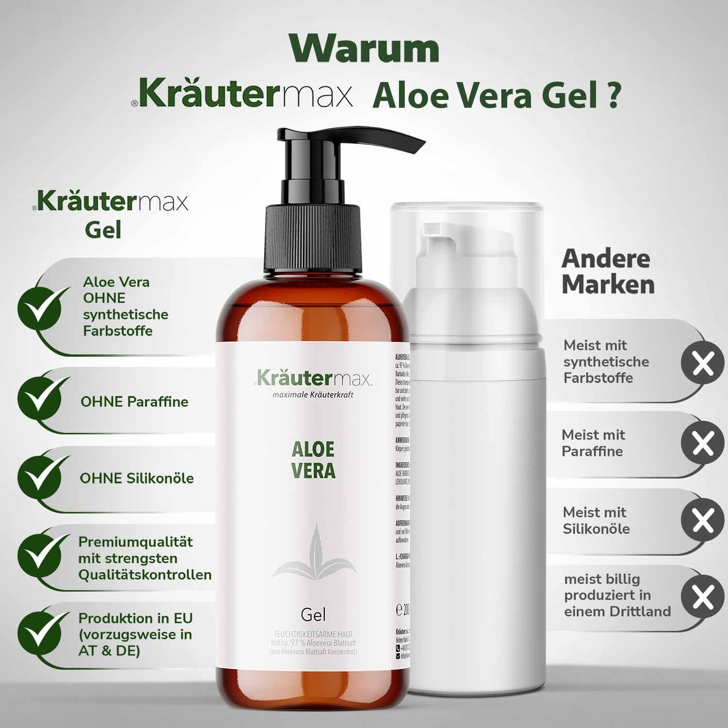 Vergleich Kräutermax Aloe Vera Gel mit Konkurrenzprodukt. Vorteile: Ohne Zusätze, Premiumqualität.
