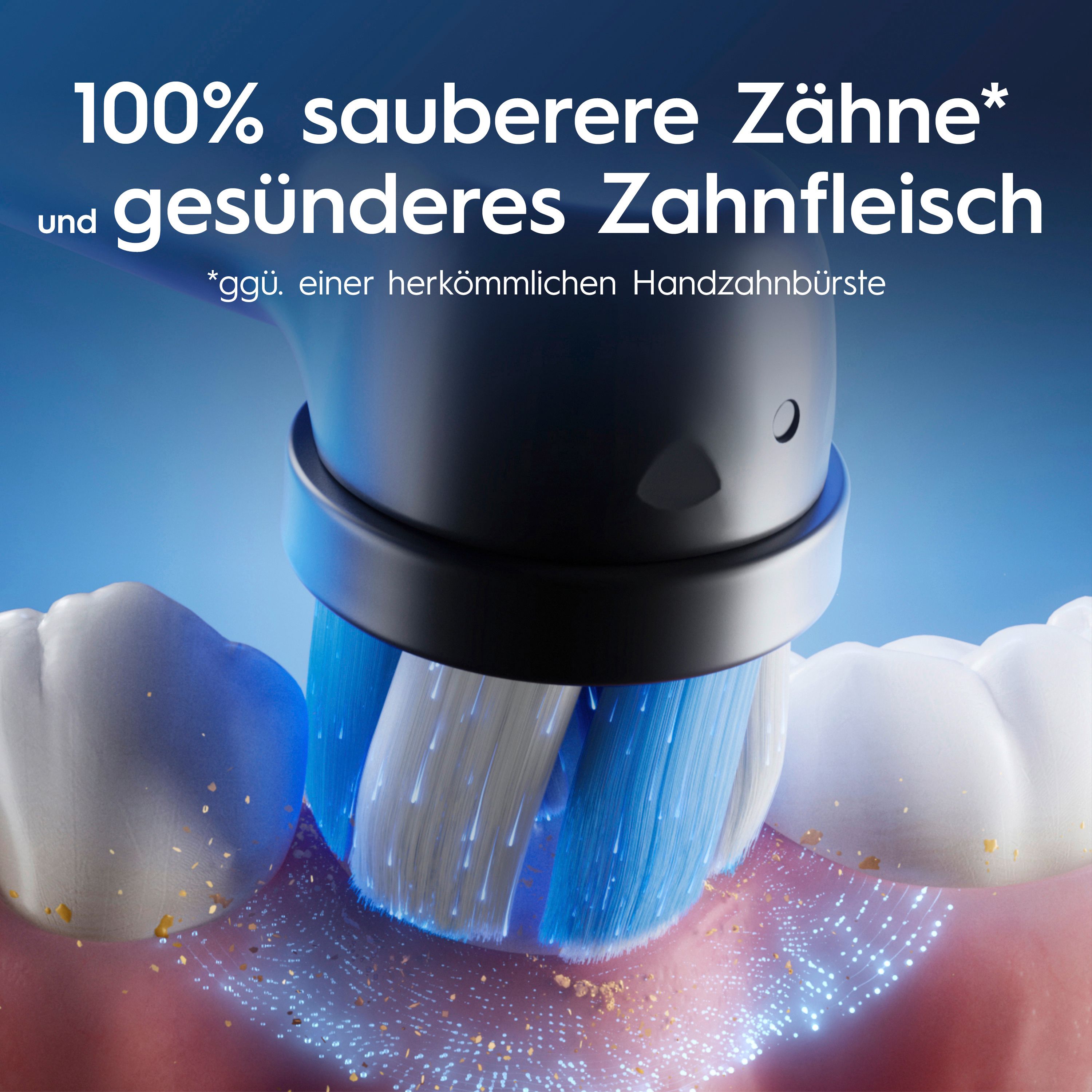 Nahaufnahme des Bürstenkopfes einer elektrischen Zahnbürste. Blaue und weiße Borsten reinigen Zähne. Text: 100% sauberere Zähne.