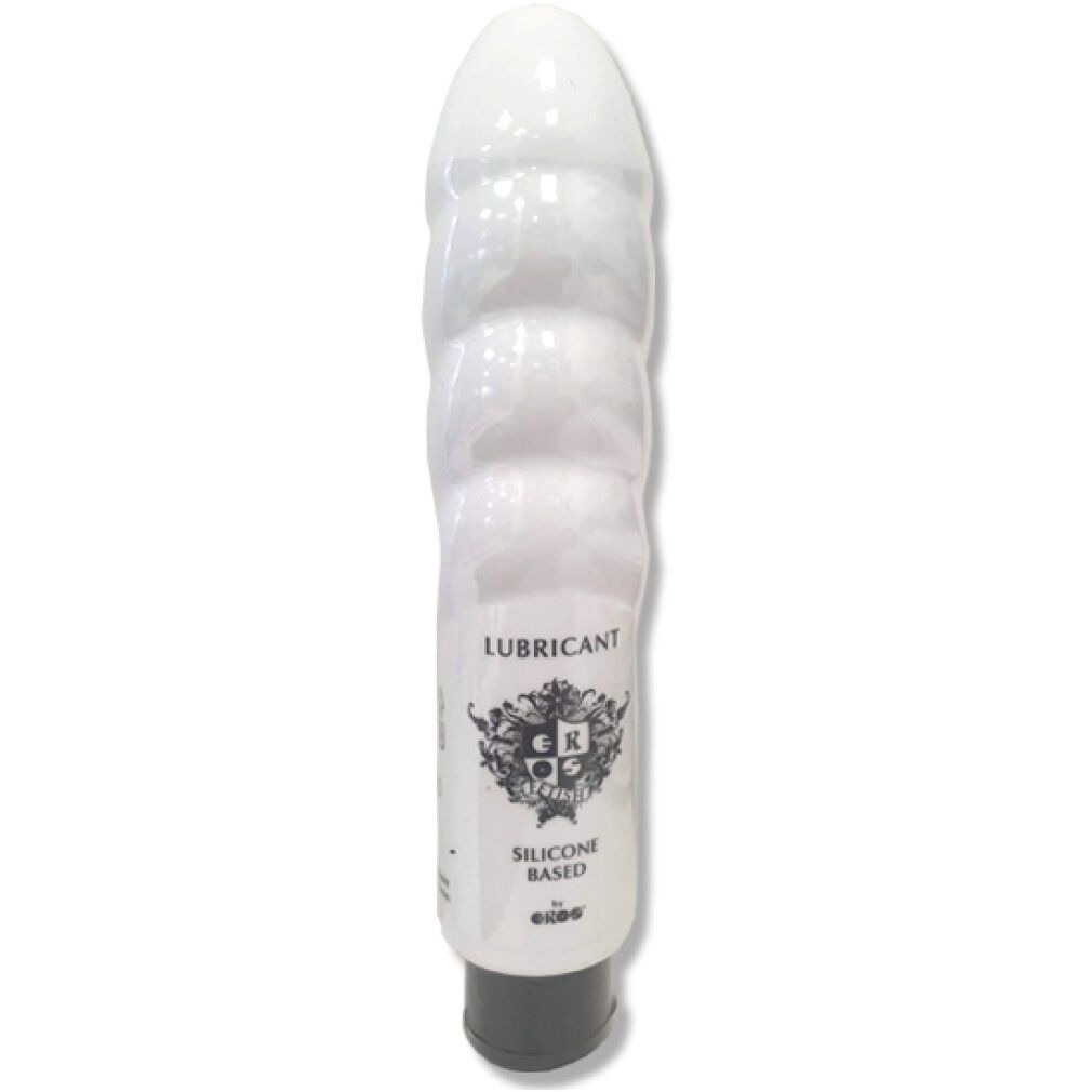 Weißes, dildo-förmiges Behältnis mit schwarzem Verschluss. Aufschrift: LUBRICANT, SILICONE BASED. Marke: EROS.
