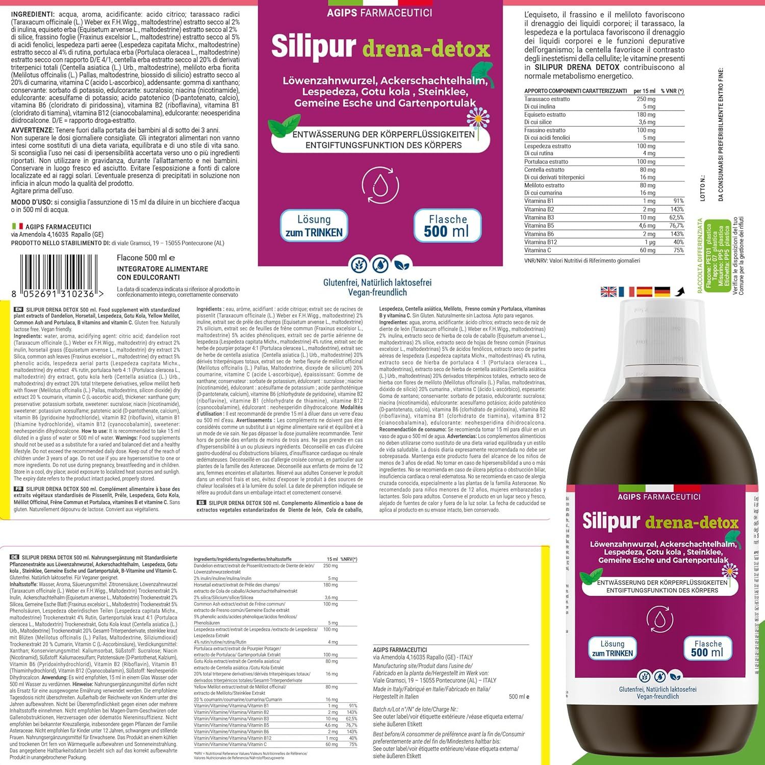 Etikett mit Produktinformationen. Inhaltsstoffe, Anwendungshinweise, Nährwertangaben. Produktflasche rechts.