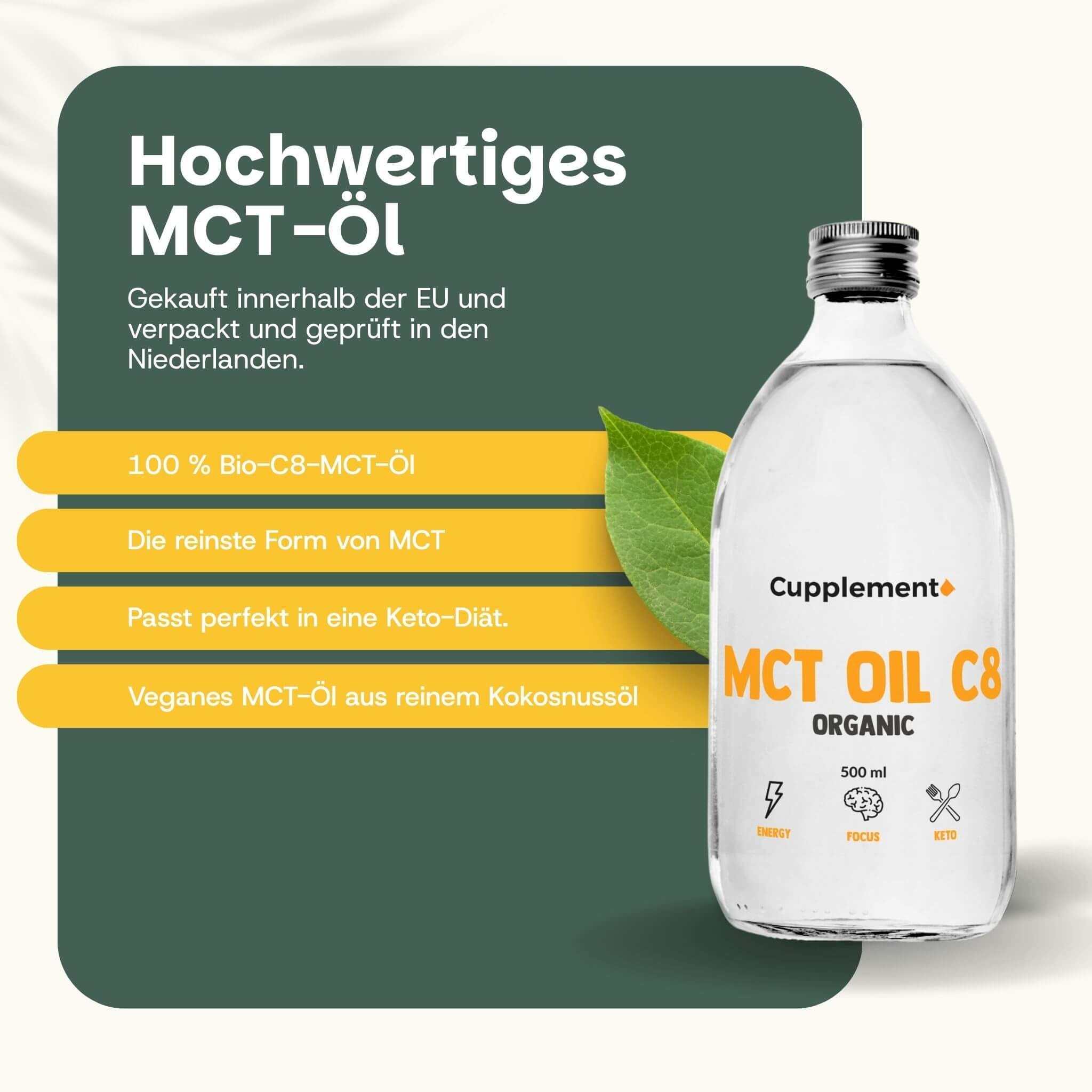 Flasche MCT Oil C8 Organic, 500 ml. Text: 100% Bio C8 MCT-Öl, die reinste Form von MCT, passt in eine Keto-Diät.