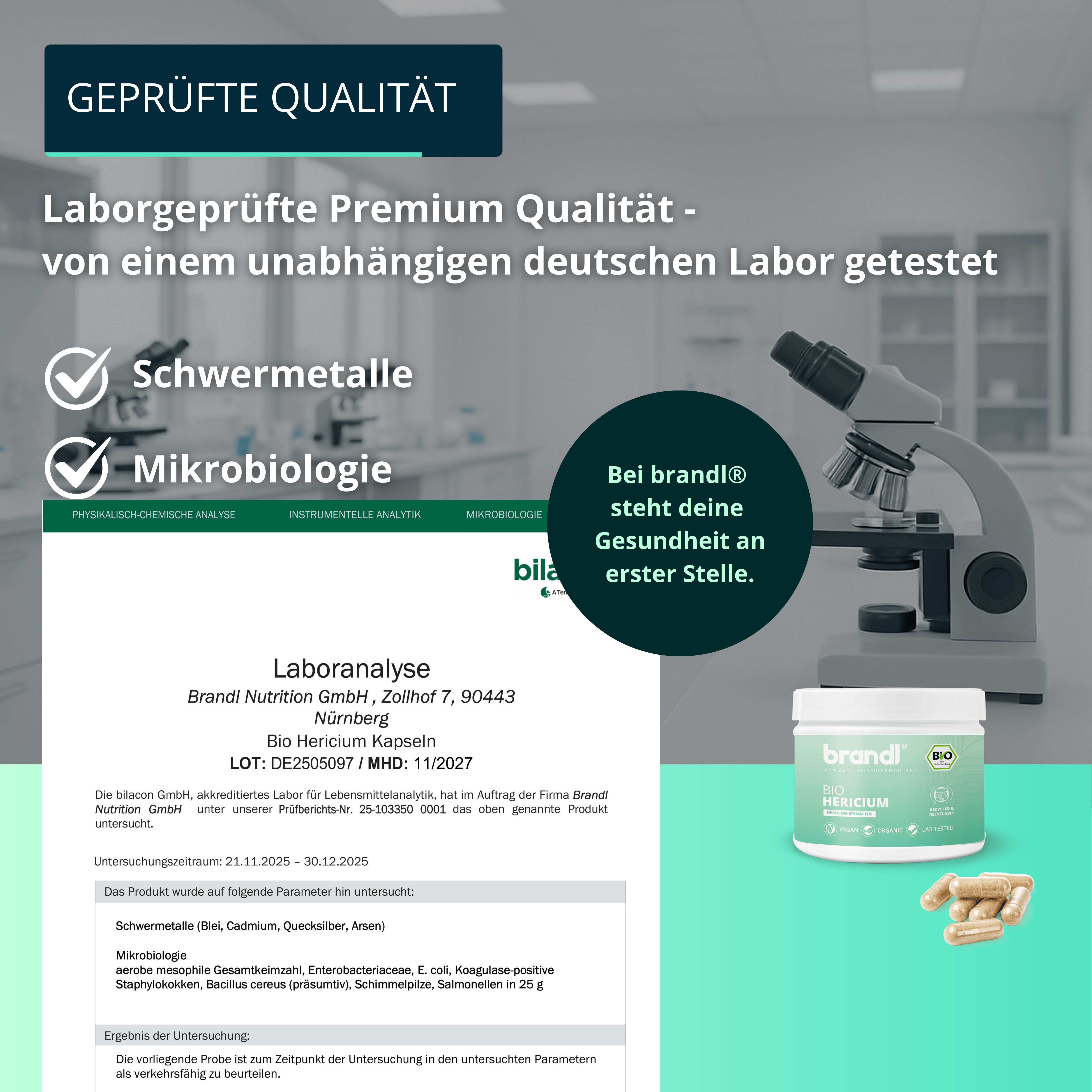 Laboranalyse mit Mikroskop und Produktglas. Text: brandl® Bio Hericium Kapseln. Schweremetalle und Mikrobiologie getestet.