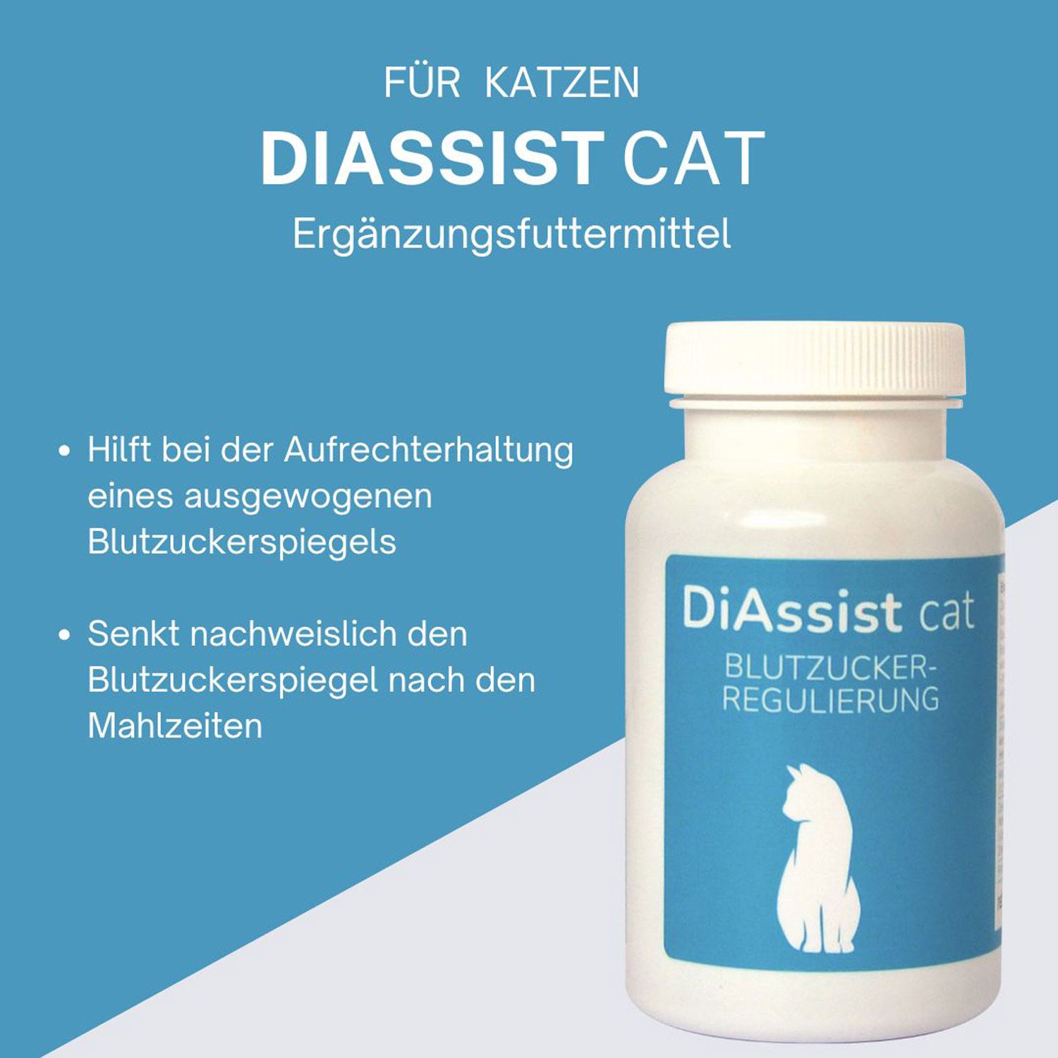DiAssist cat Ergänzungsfuttermittel für Katzen zur Blutzuckerregulierung. Flasche und Text mit Vorteilen.