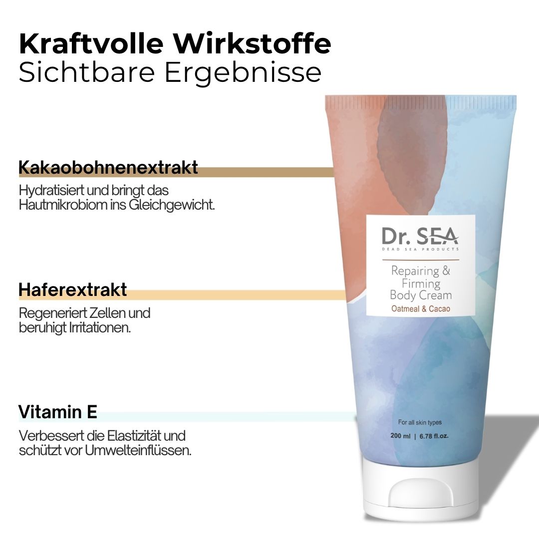 Tube "Dr. SEA" mit Text. Text: Kakaobohnenextrakt, Haferextrakt, Vitamin E. 200 ml.
