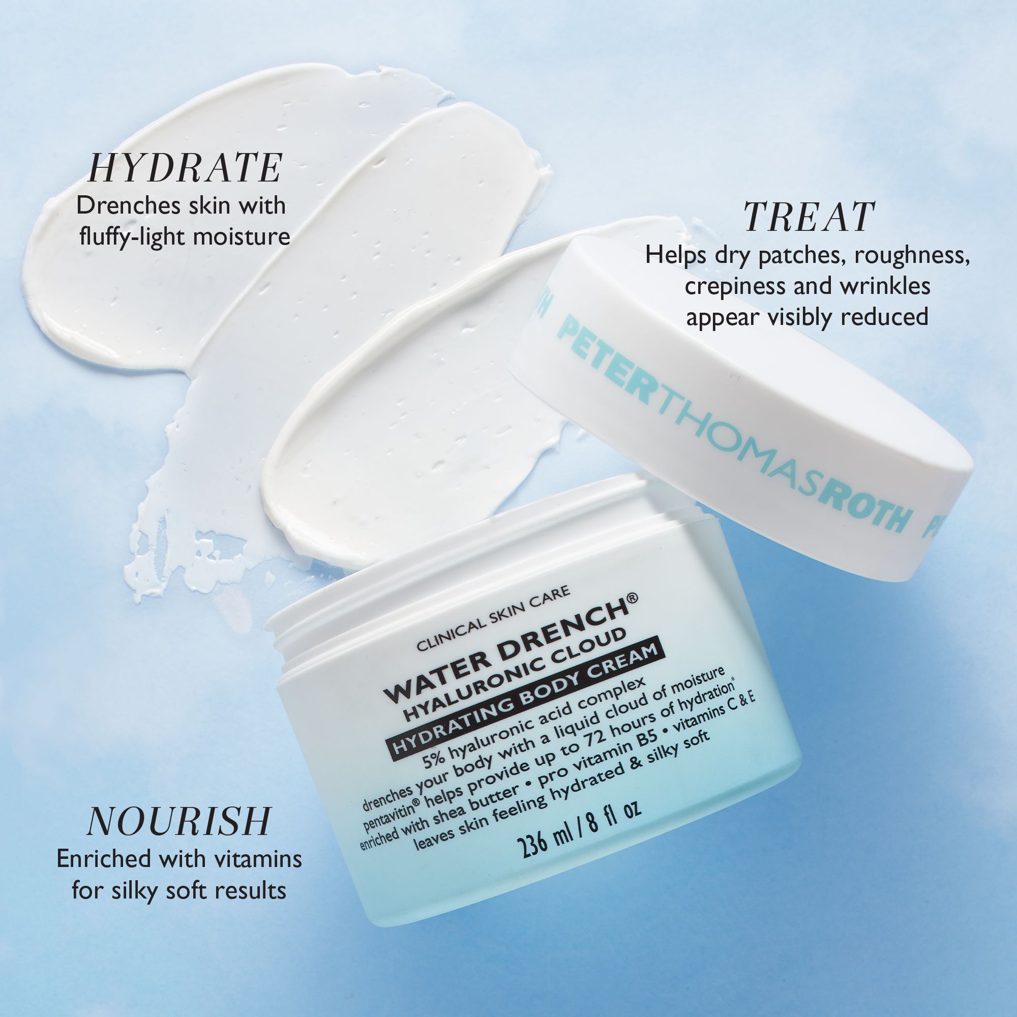 Geöffnete Cremebehälter mit Creme. Aufschrift: Water Drench Hyaluronic Cloud Hydrating Body Cream. Text: Hydratisieren, Behandeln, Nähren.