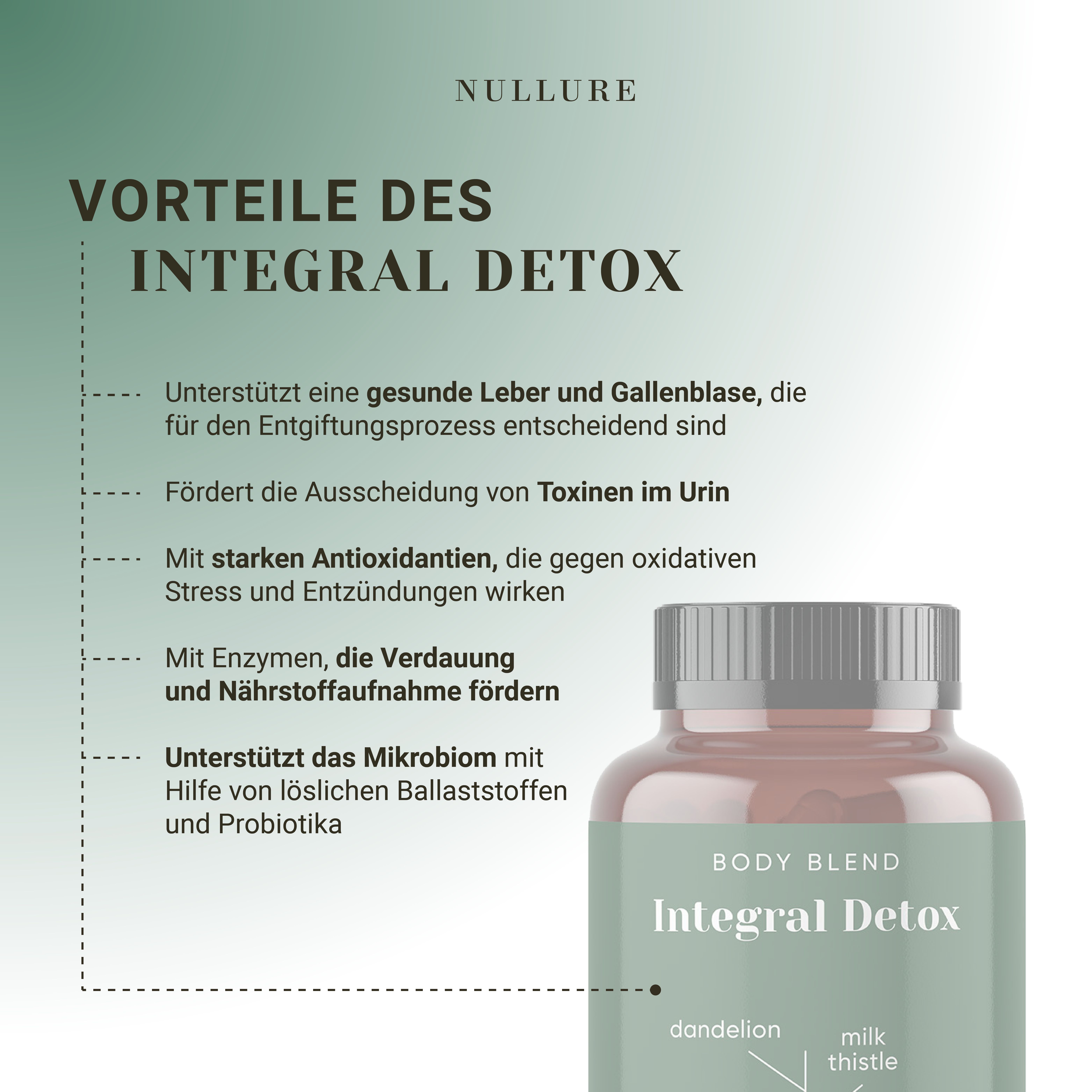 Braune Flasche mit grüner Etikett. Text: Integral Detox, Body Blend. Enthält Mariendistel, Löwenzahn, Probiotika und Acai.