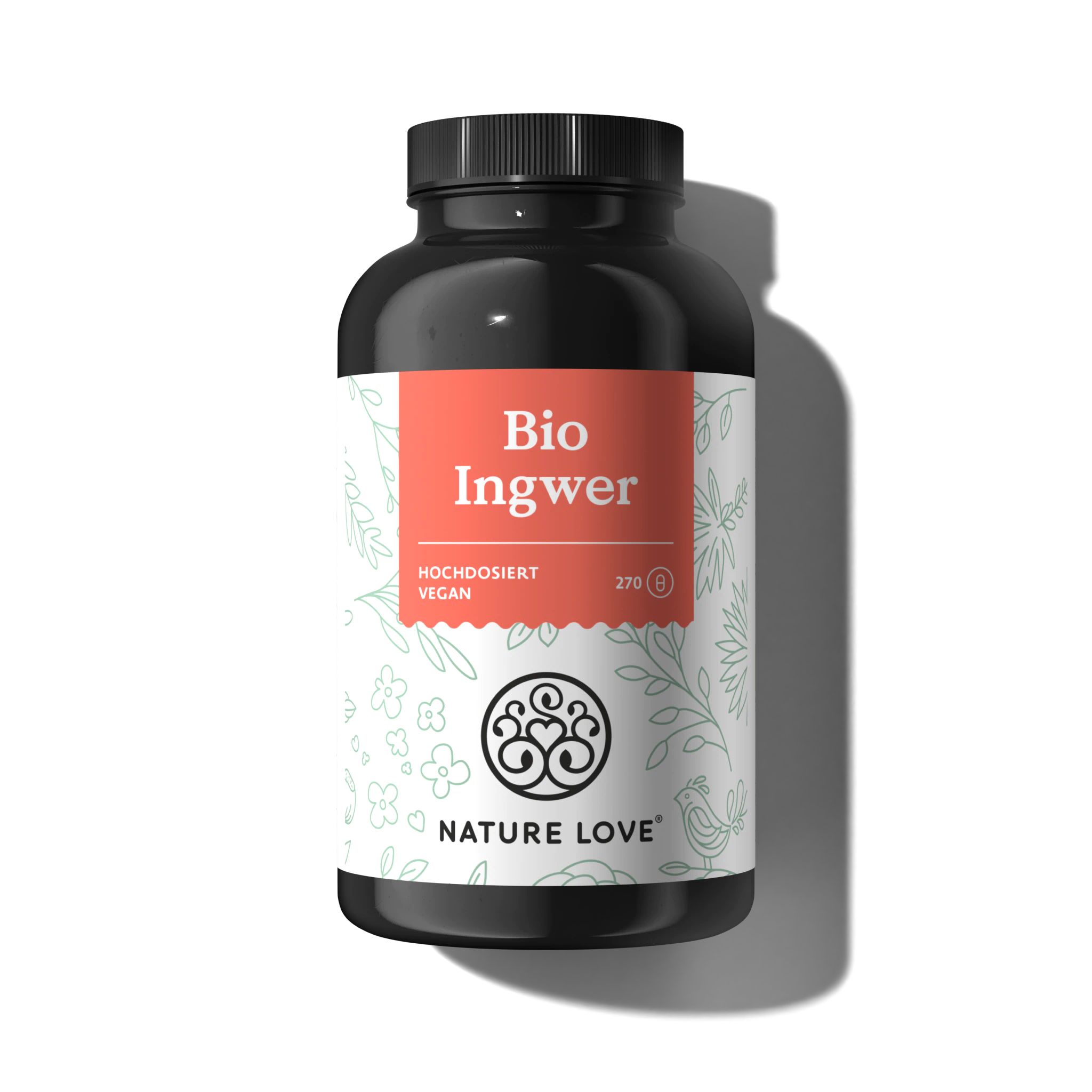 Schwarze Flasche mit Etikett. "Bio Ingwer" und "NATURE LOVE" sichtbar. Vegan. 270 Kapseln.