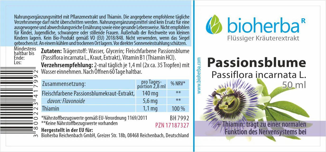 Etikett mit Produktname, Logo und floraler Abbildung. Enthält Informationen zu Inhaltsstoffen und Dosierung.